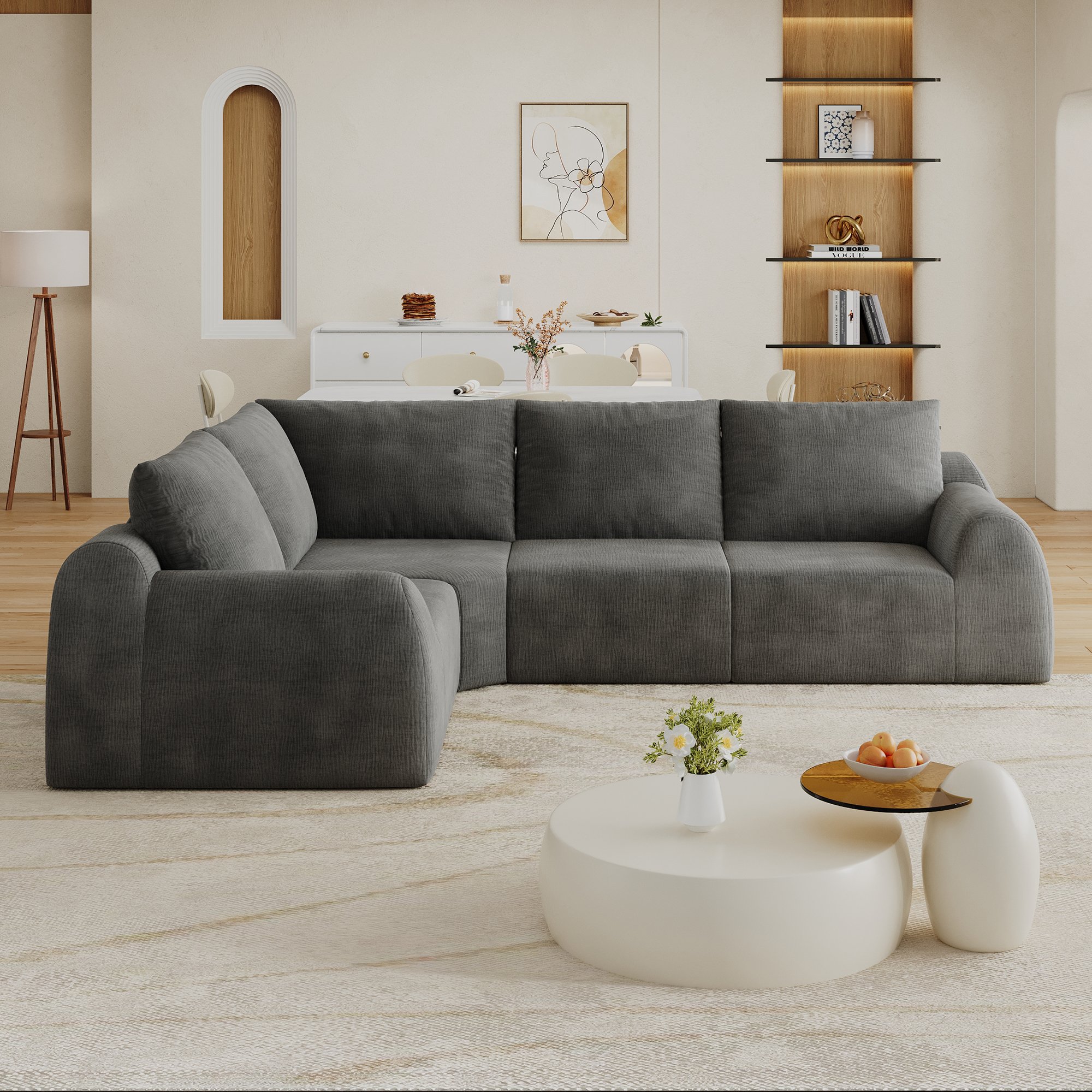 Canapé sans montage 267x200x85 cm en tissu chenille gris foncé avec mousse haute élasticité pour salon et chambre