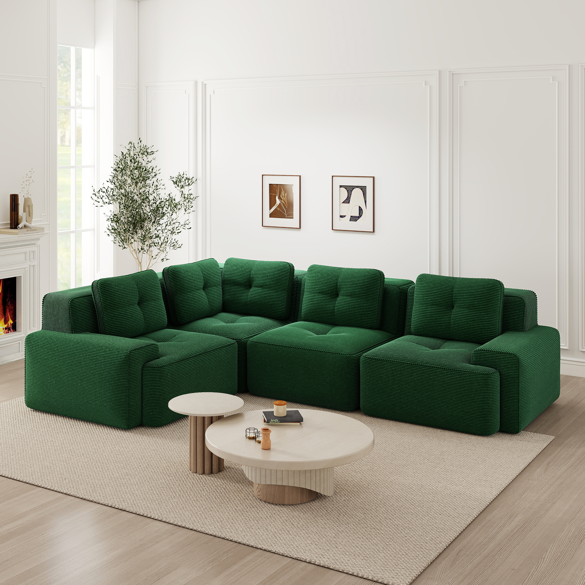 Canapé Modulable Vert en Velours Côtelé, Design Minimaliste Sans Cadre, Dimensions 295x295x69 cm, Structure Légère et Stable