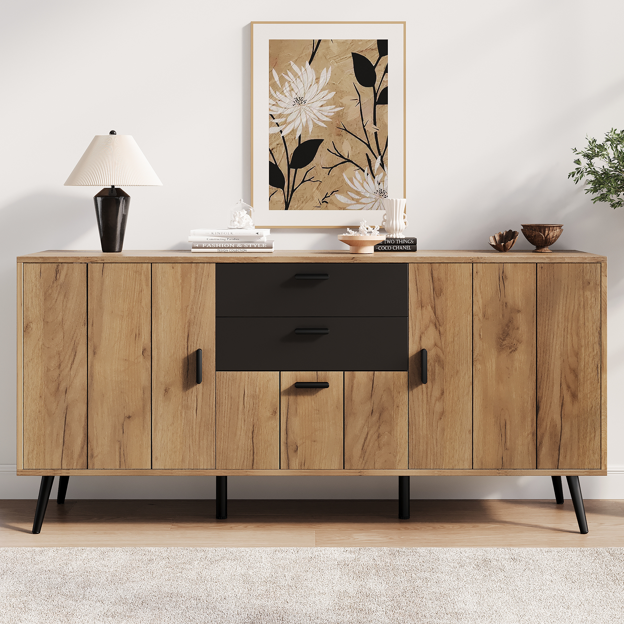 Buffet Salon Moderne avec Étagères Intérieures, Meuble Rangement 140x35x67cm, 2 Tiroirs et 3 Portes à Charnières