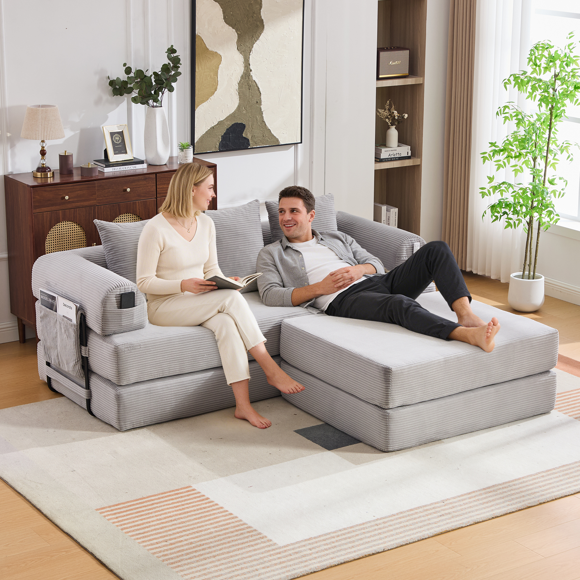 Canapé d'angle convertible modulable sans montage avec pochette latérale et pouf inclus pour petit espace