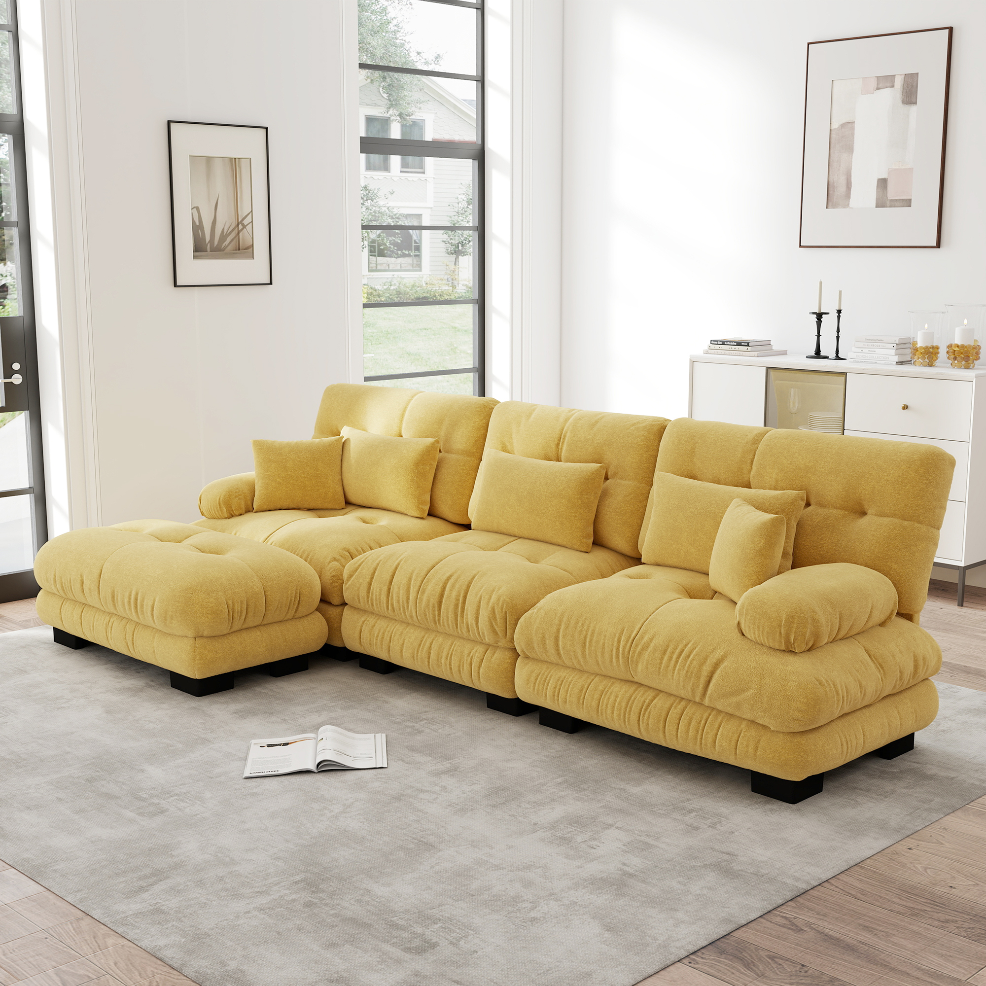 Canapé d'angle Modulable en Chenille Jaune, Style Nuage Profond avec Ottomans, Salon Moderne Assemblable Librement