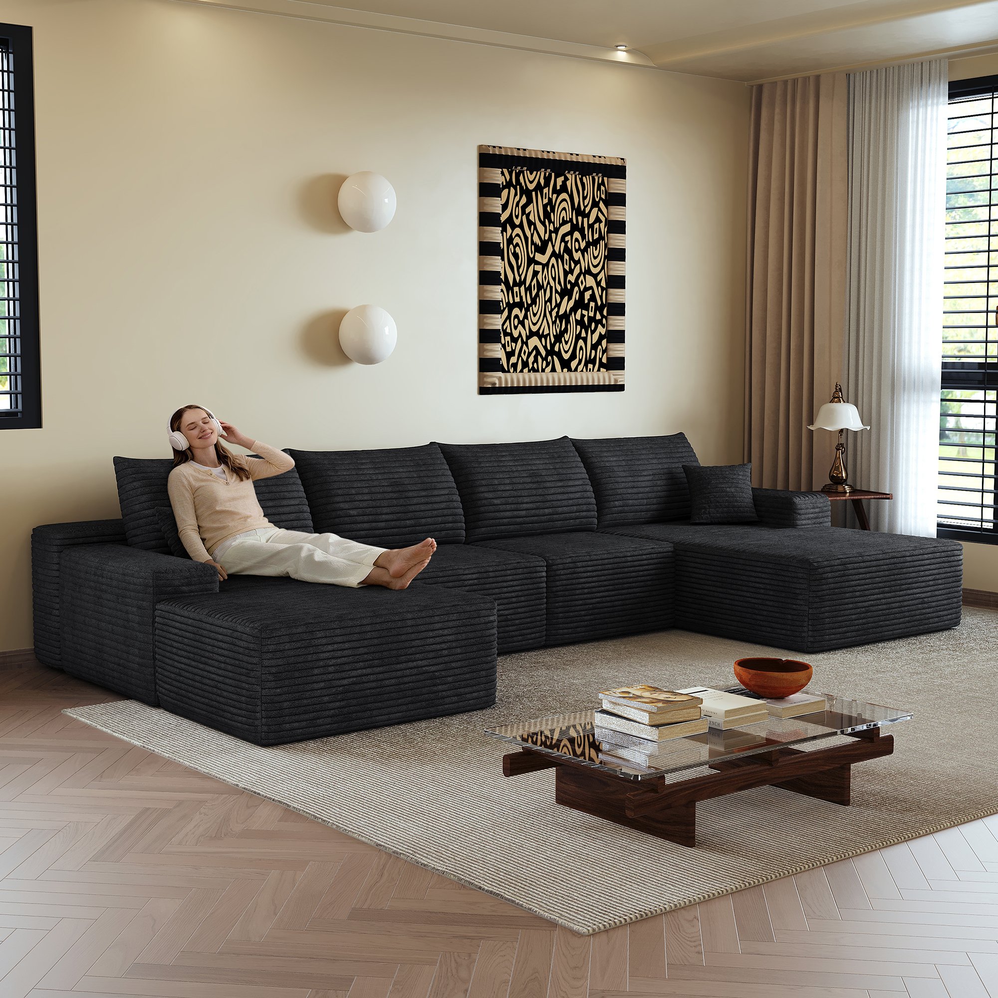 Canapé d'angle noir 340x175x83 cm en tissu velours côtelé, structure modulaire sans montage, coussins confortables pour salon et chambre