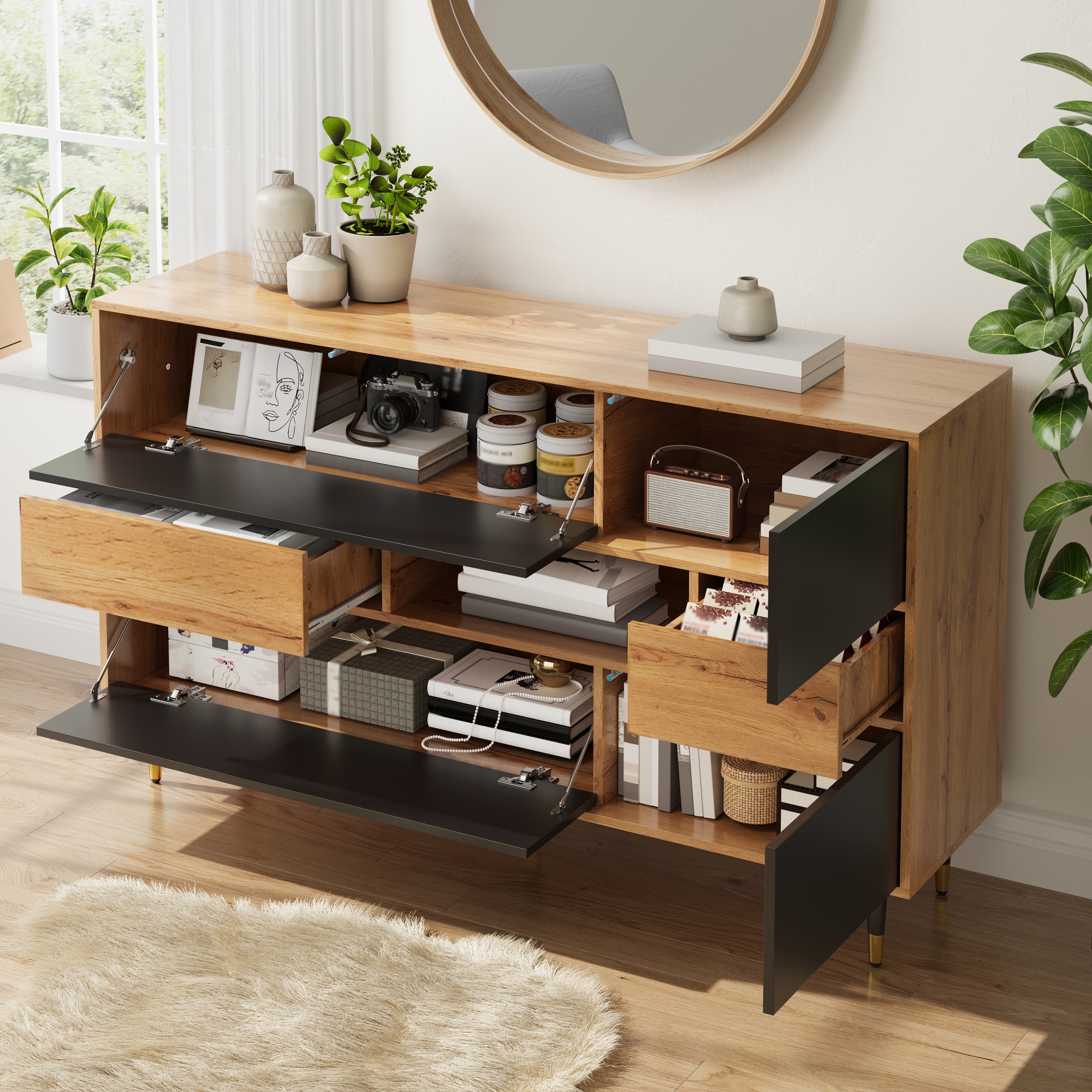Buffet 140x84,5 cm avec 2 Tiroirs Silencieux et Portes Abattantes, Meuble Rangement Salon Noir Panneau composite de fibres de bois à densité