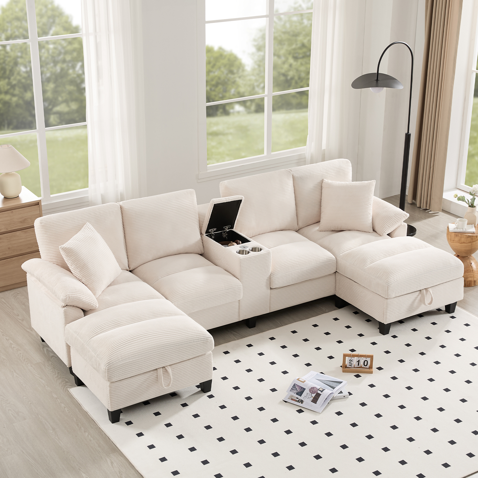 Canapé en U 4 places en velours côtelé beige, structure bois massif et rangement intégré sous assises