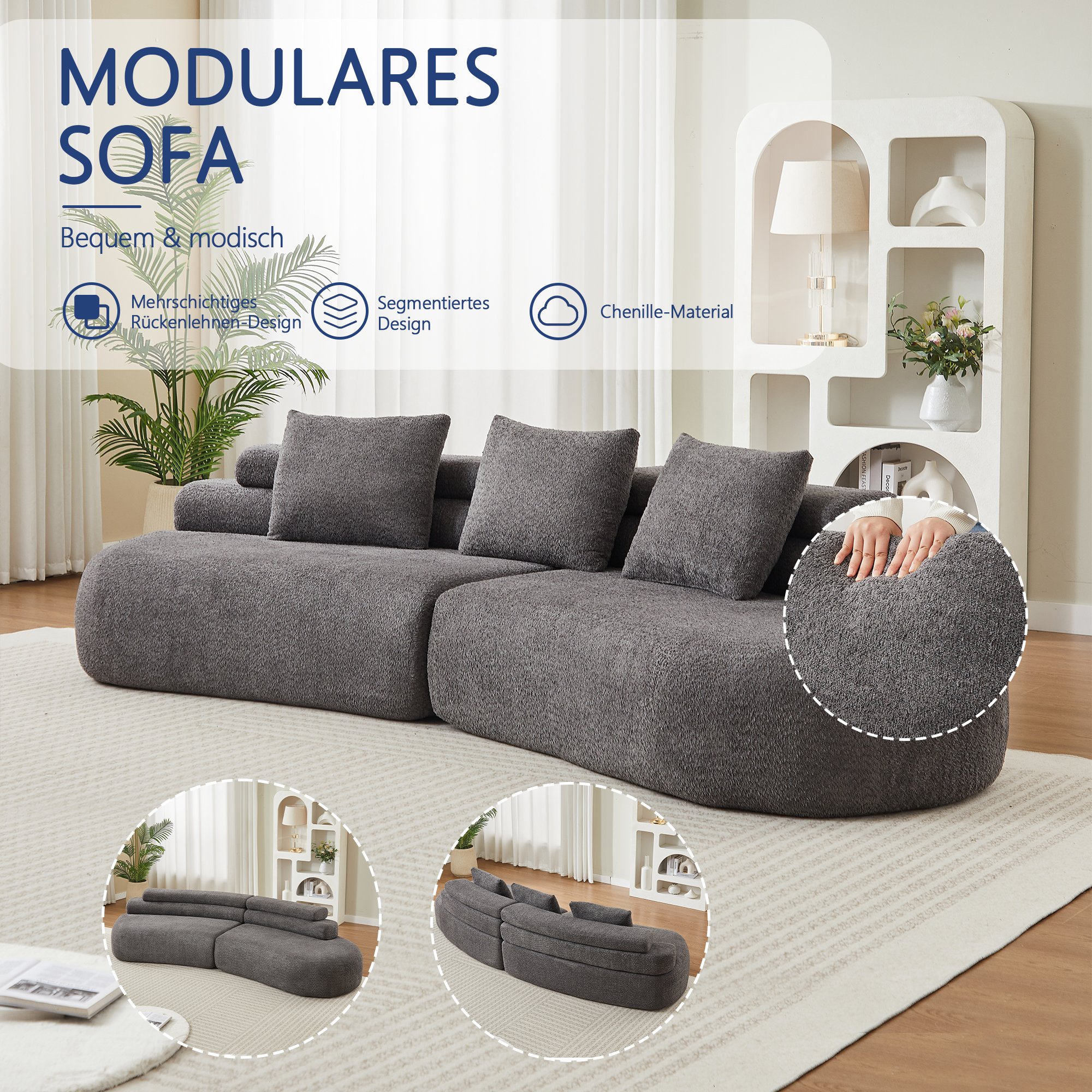 Canapé Modulable 3 Places en Chenille Gris Anthracite Design Courbe Sans Accoudoirs pour Salon et Chambre Enfant