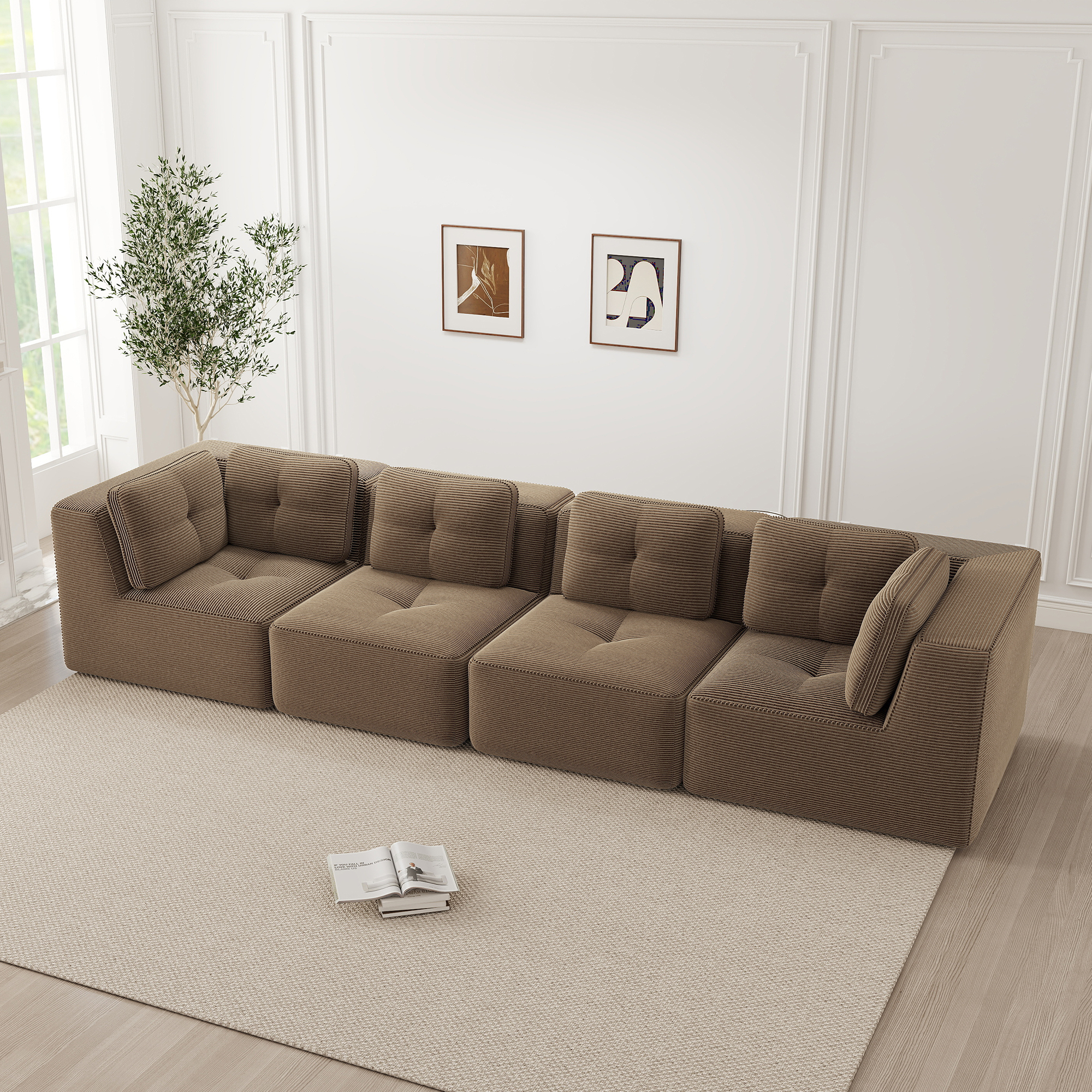 Canapé Modulable 4 Places Angle, Canapé Salon Moderne Corduroy Marron, Profondeur Assise Profonde et Coussins Souples pour Grand Espace