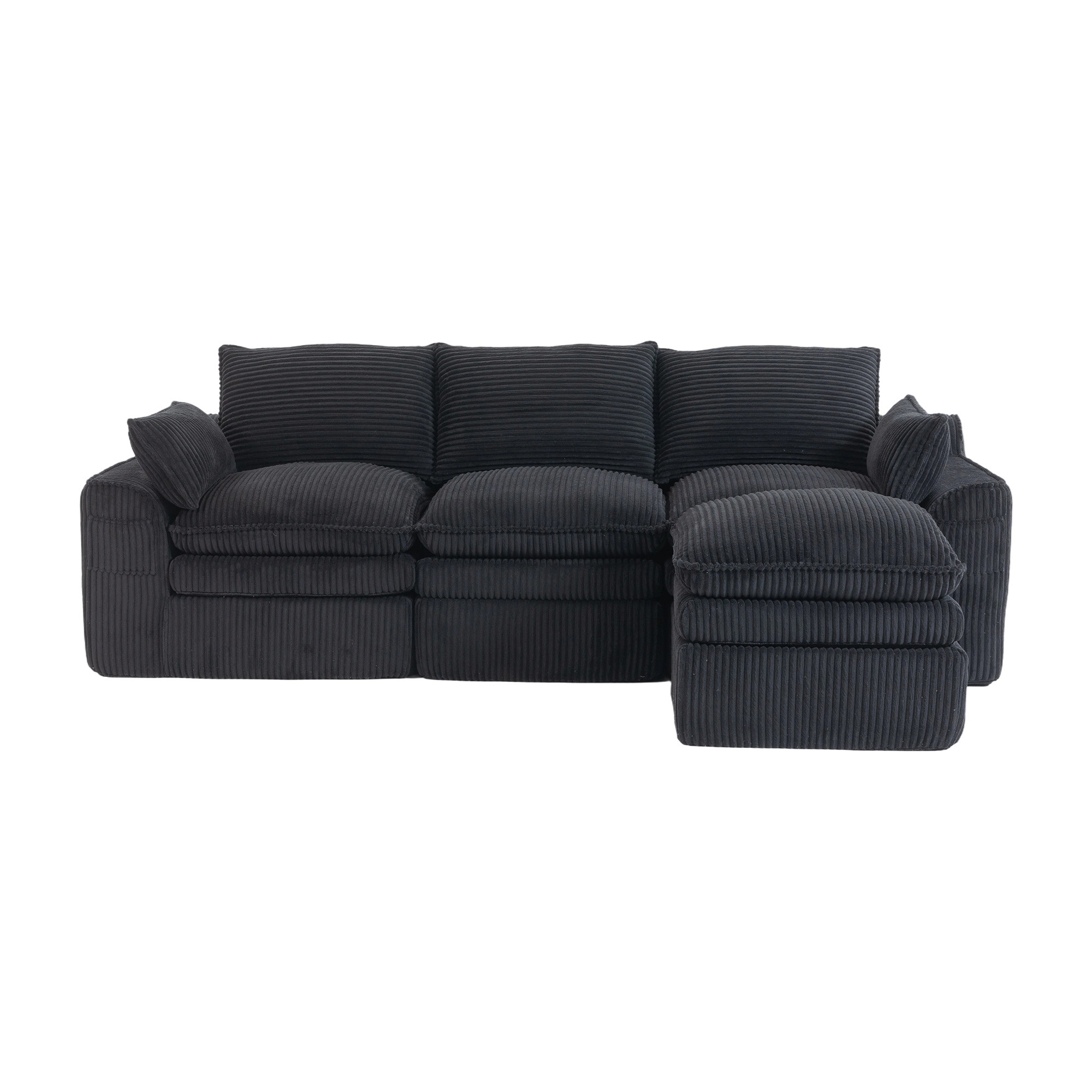 Canapé modulable 3 places pour salon et bureau, velours côtelé noir avec poches latérales et pouf