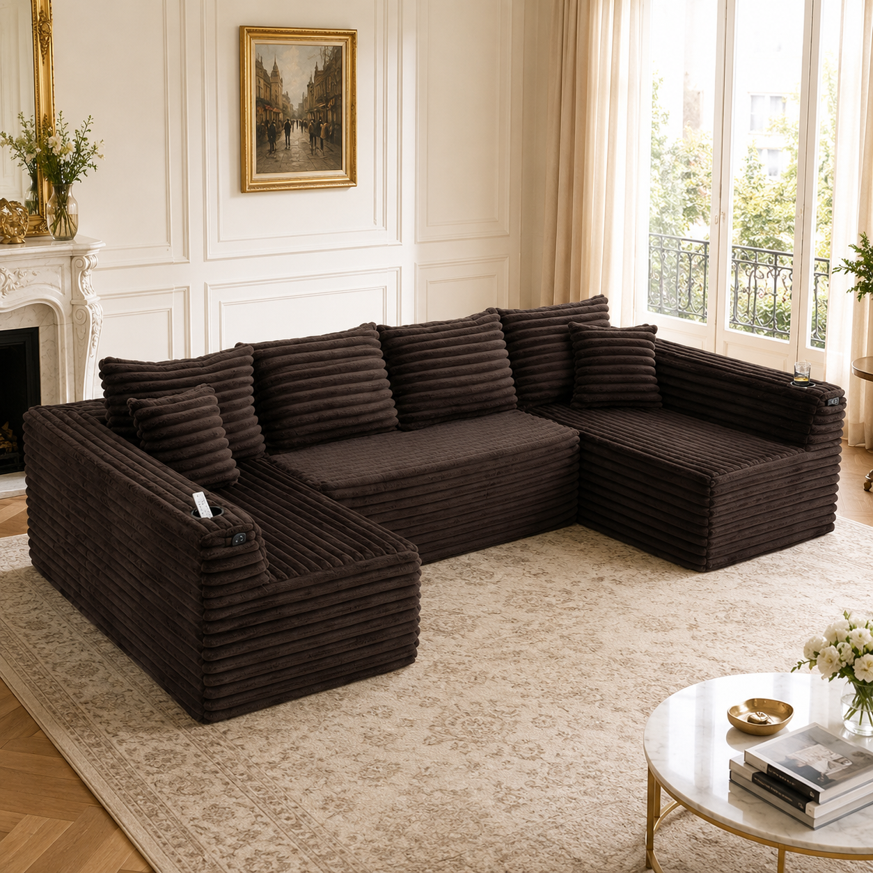 Canapé en U modulable en velours côtelé marron avec porte-gobelets et poches latérales pour salon