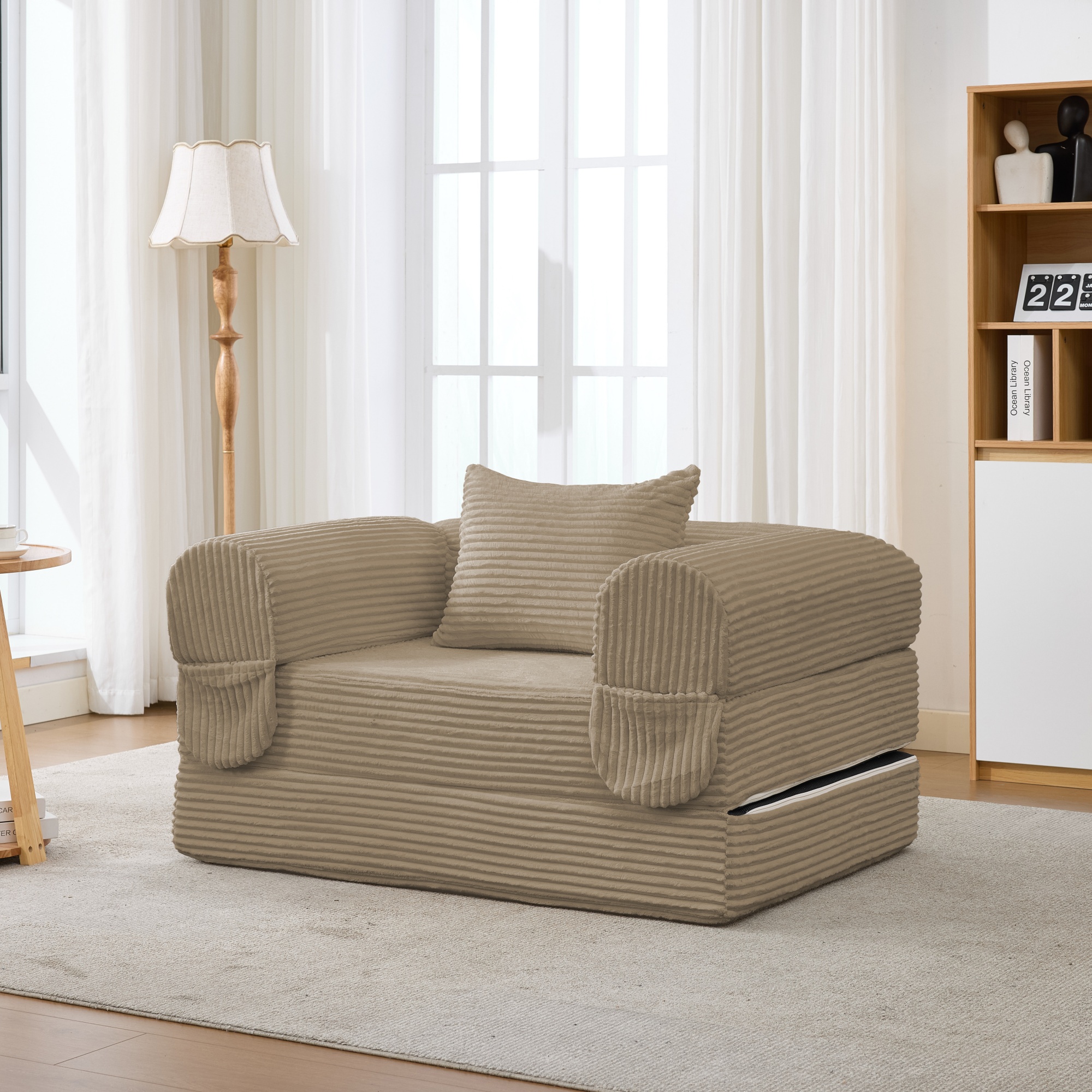 Fauteuil Convertible Lit 1 Place, Canapé Lit Compact avec Rangement Intégré, Revêtement Côtelé Marron, Idéal Salon ou Chambre
