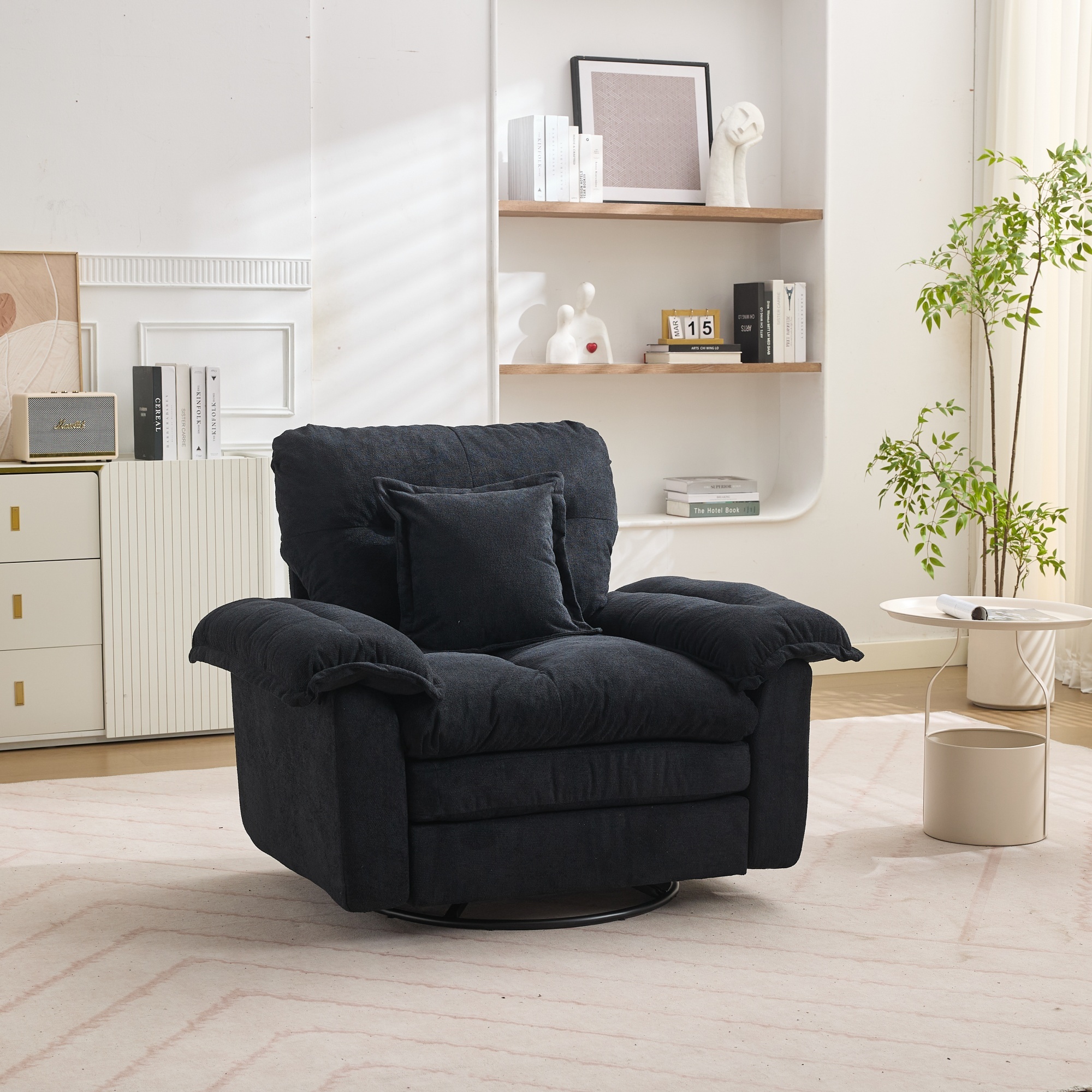 Fauteuil Oversized Noir 116x84x96 cm – Grand Fauteuil Pivotant 360° avec Revêtement Chenille et Coussin pour Intérieur
