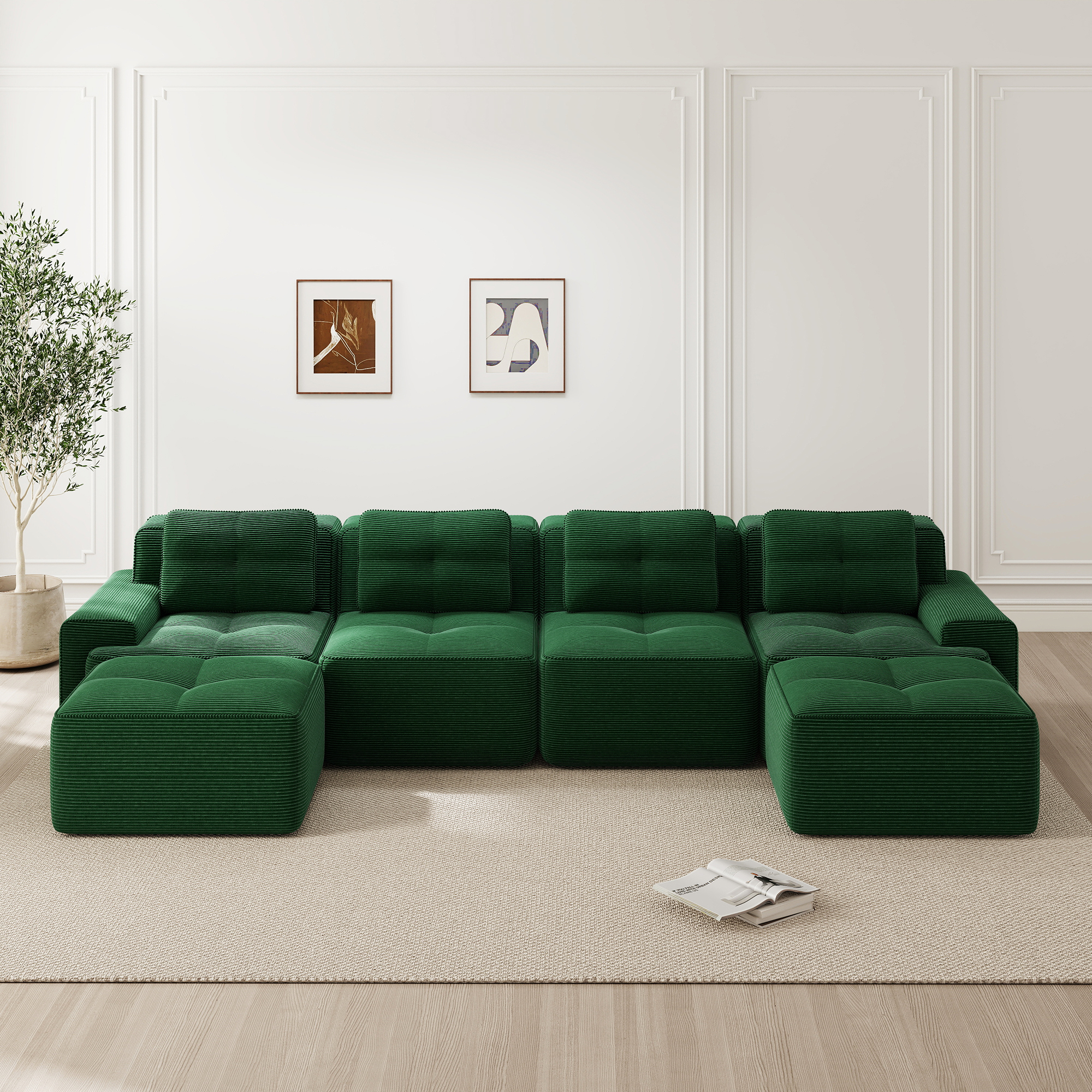 Méridienne Modulable Canapé d'Angle En U 4 Places Tissu Velours Côtelé Vert Profond Sans Dossier Bas