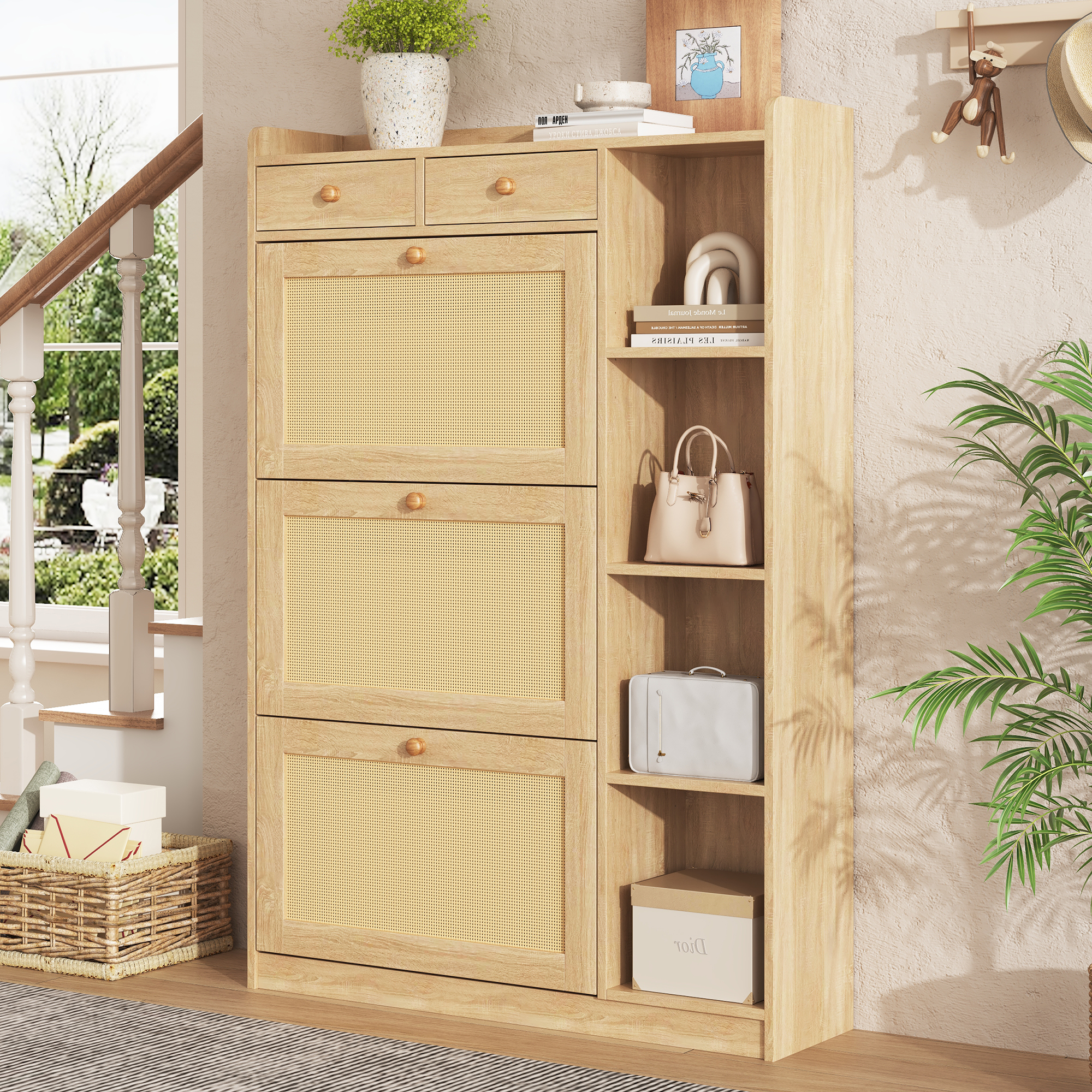 Meuble à chaussures étroit 90x24x130 cm avec 3 portes abattantes rotin et 2 tiroirs, couleur naturel
