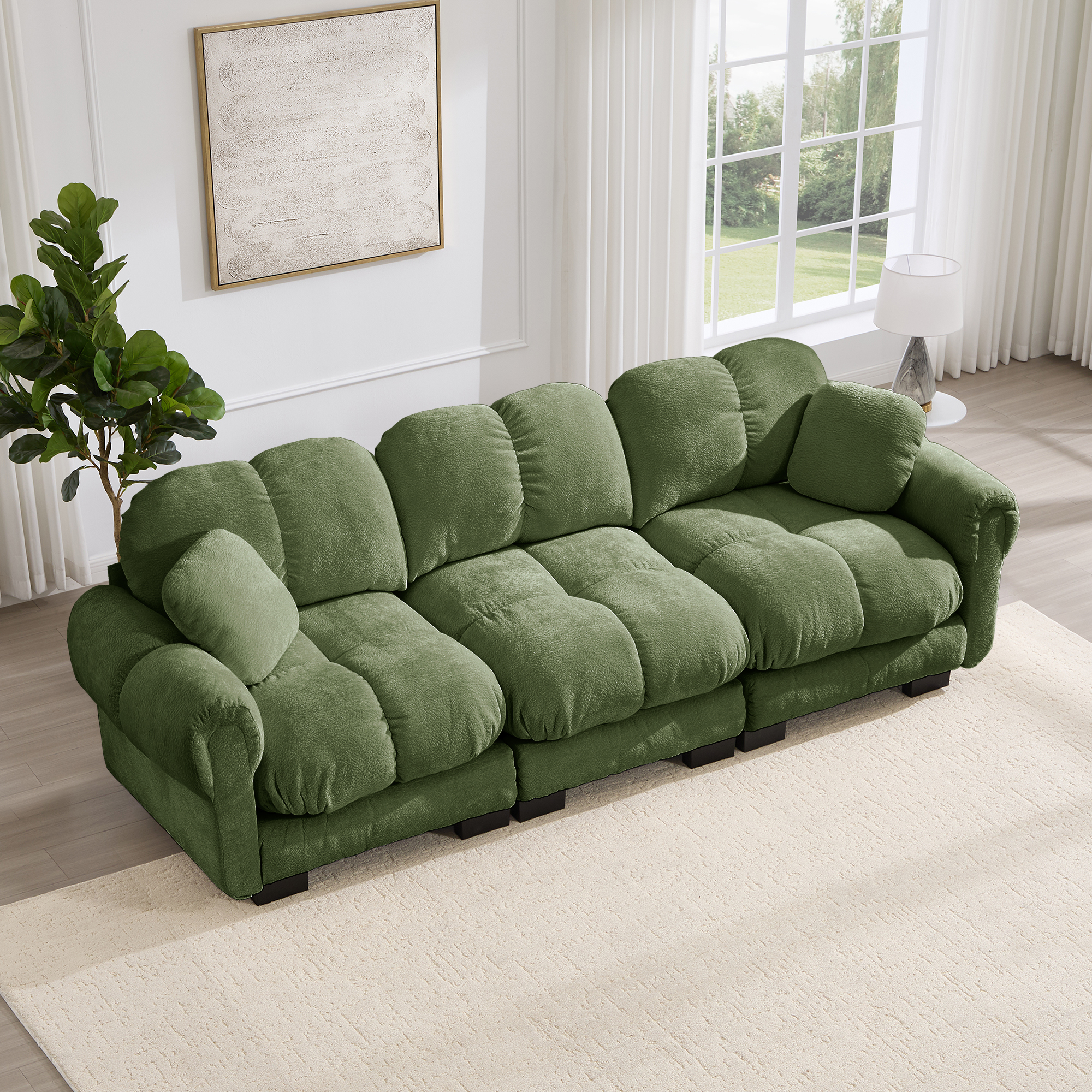 Canapé Modulable 3 Places en Chenille Vert, Design Contemporain Ergonomique, Assise Épaisse et Confortable pour Salon Moderne