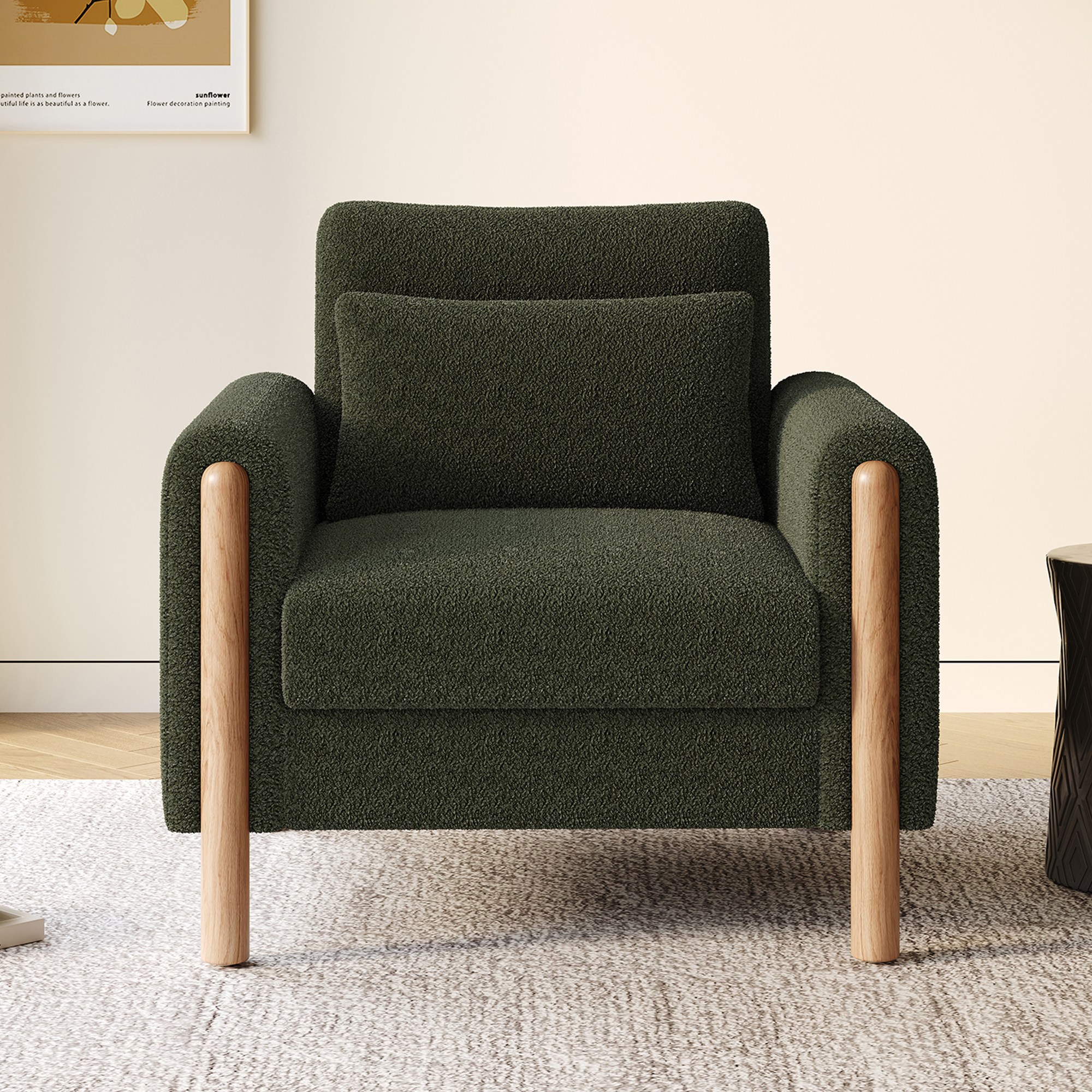 Canapé 1 place en teddy vert pour salon, chambre ou bureau, avec coussin épais et structure en bois massif