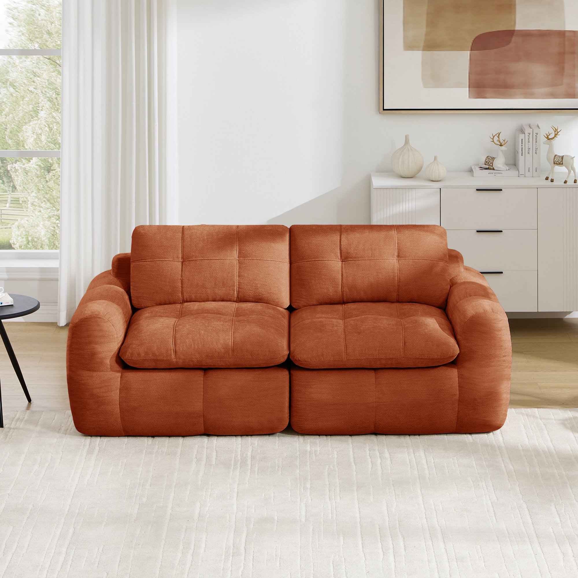 Canapé 2 places revêtement chenille anti-boulochage, corps en mousse haute densité sans cadre métallique, style quadratique moderne