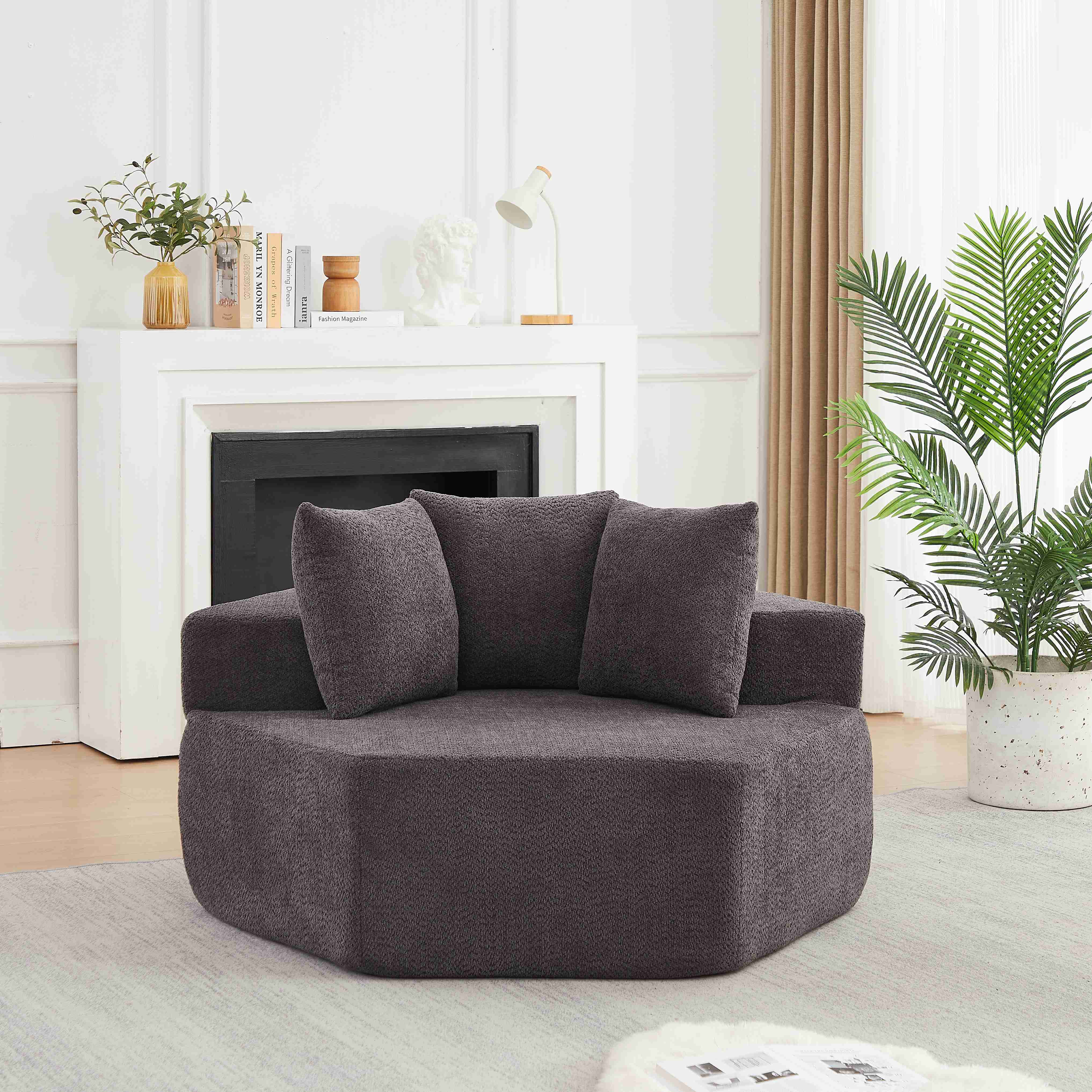 Fauteuil hexagonal rembourré en chenille grise, assise confort mousse et ressorts, style contemporain design