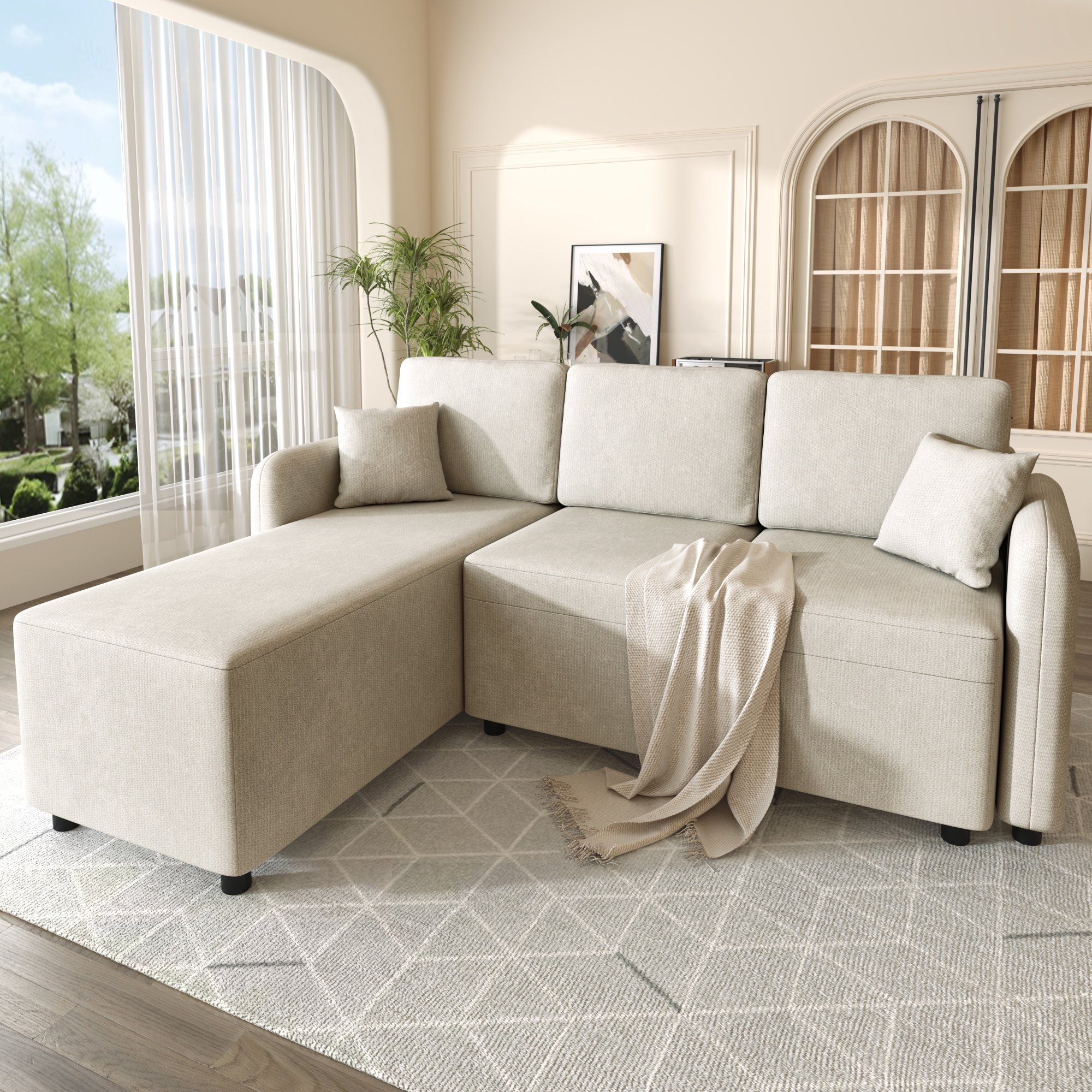 Canapé d'angle 3 places en tissu chenille beige clair avec méridienne de 144 cm, assise ferme mousse haute densité et structure bois massif pour petit salon ou studio