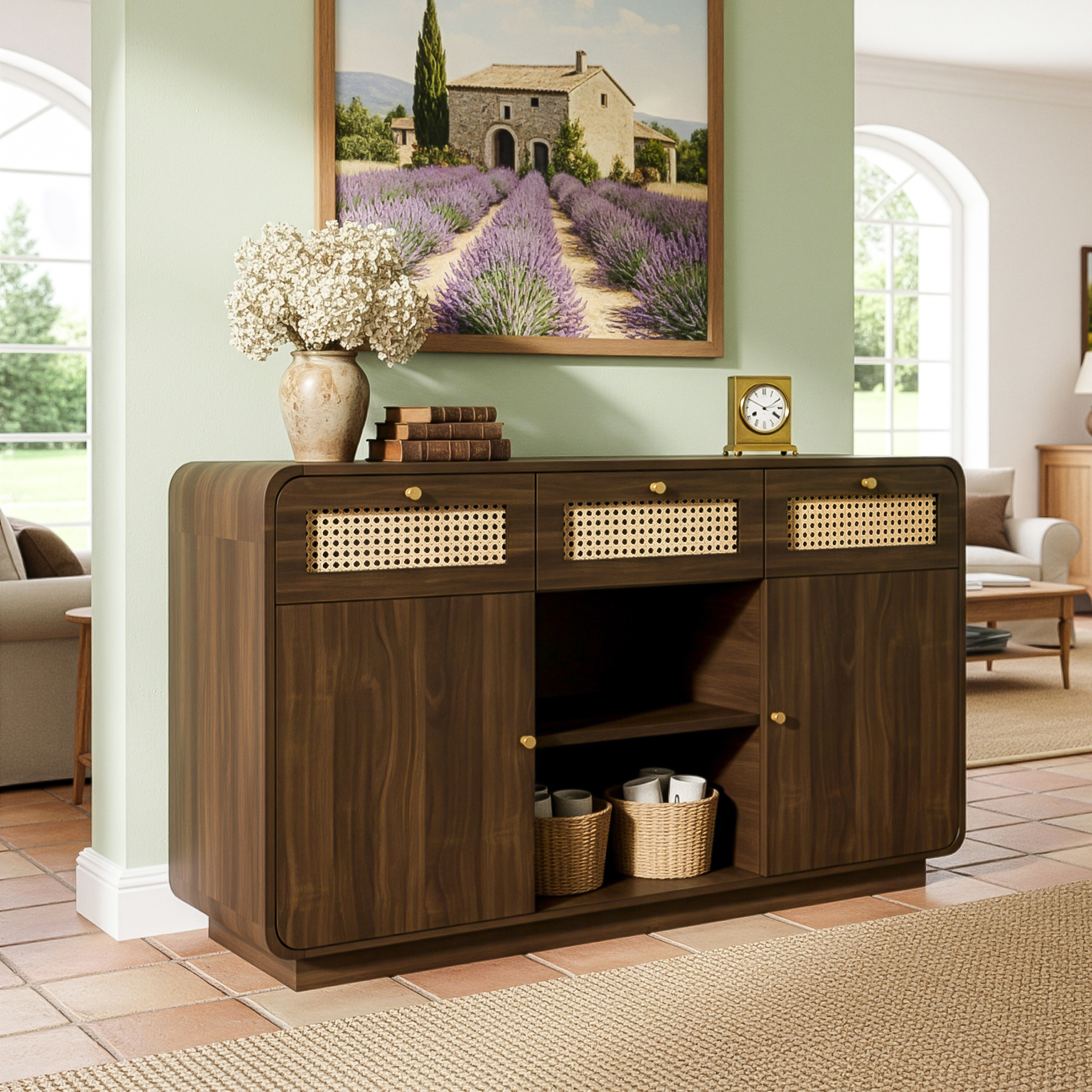 Buffet Style Rétro avec Rattan et Or, Meuble à 3 Tiroirs et 2 Portes avec Étagère Ouverte, 120 cm Large