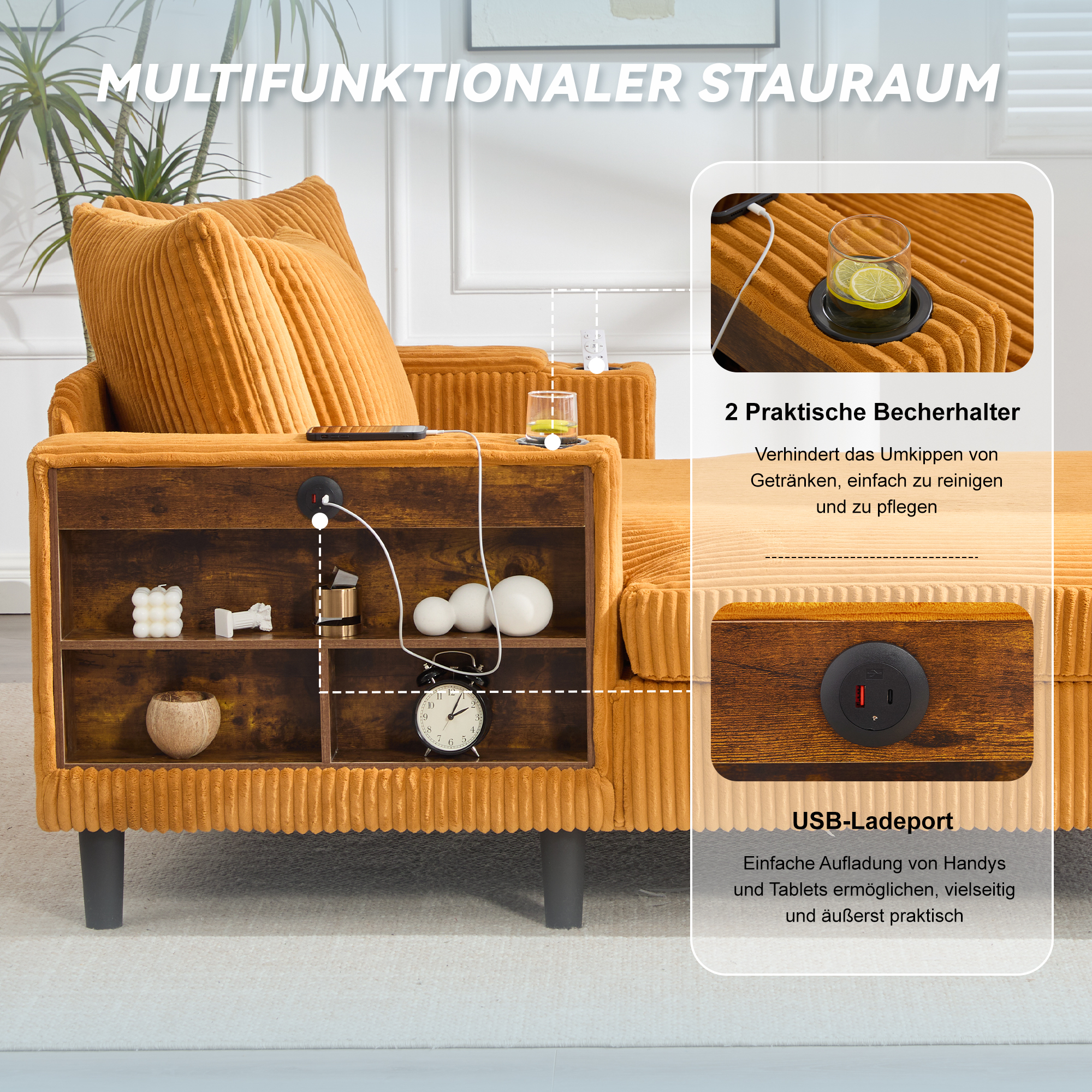 Canapé convertible en velours côtelé moutarde, structure stable, pieds plastique et coffre intégré
