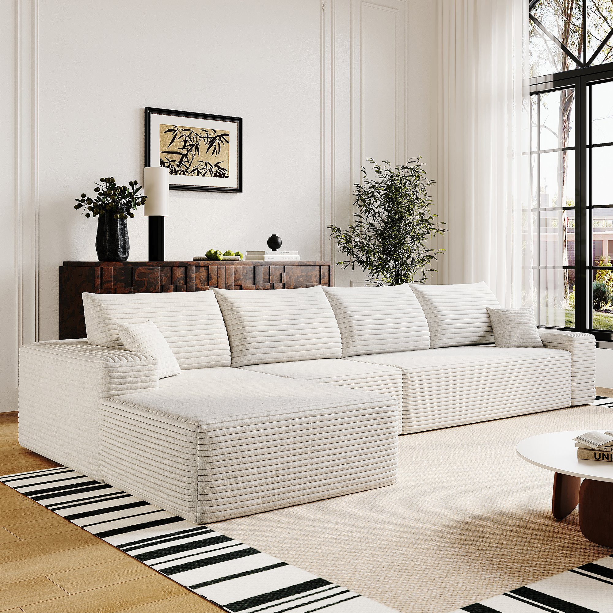 Canapé d'angle blanc 340x175 cm en tissu velours côtelé, structure modulaire sans montage, confort optimal pour le salon et la chambre à coucher.