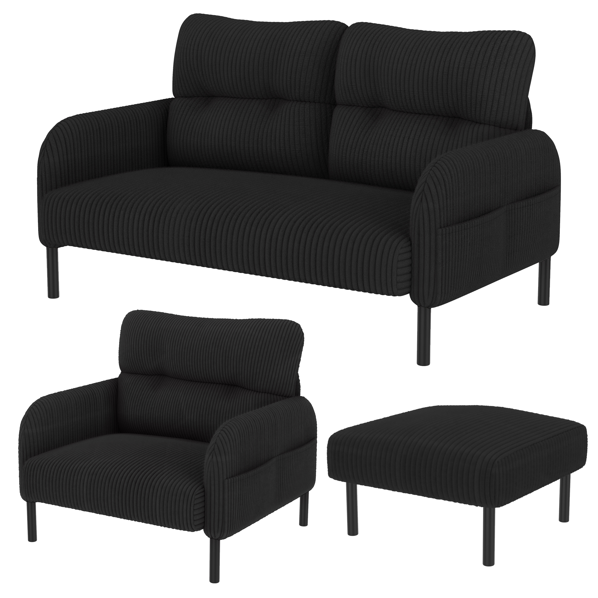 Canapé 2 places noir 120x75x79 cm avec fauteuil et pouf, structure métal et bois et assise profonde