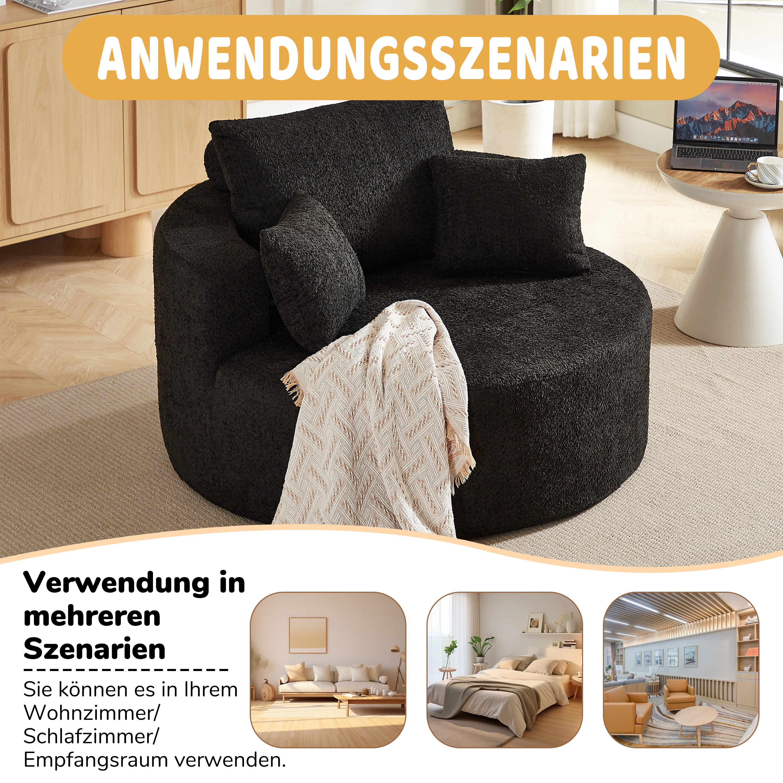 Fauteuil en Tissu Chenille Noire avec Remplissage Mousse, Structure Monobloc Confortable, Idéal pour Salon Contemporain