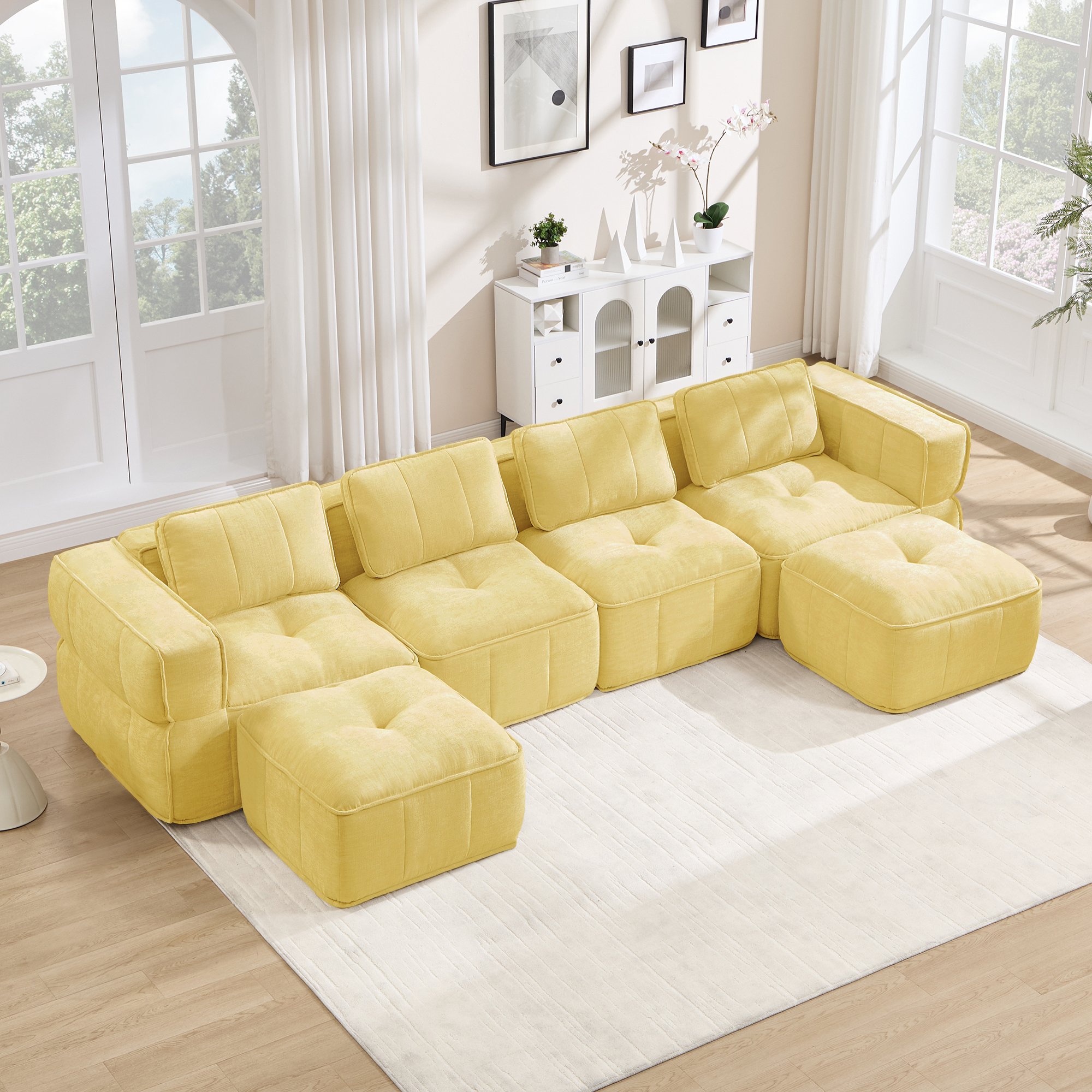 Canapé Modulable 4 Places Jaune en Tissu Polyester avec 2 Poufs, Mousse Haute Densité 32D, Sans Cadre et Prêt à l'Emploi pour Salon Moderne