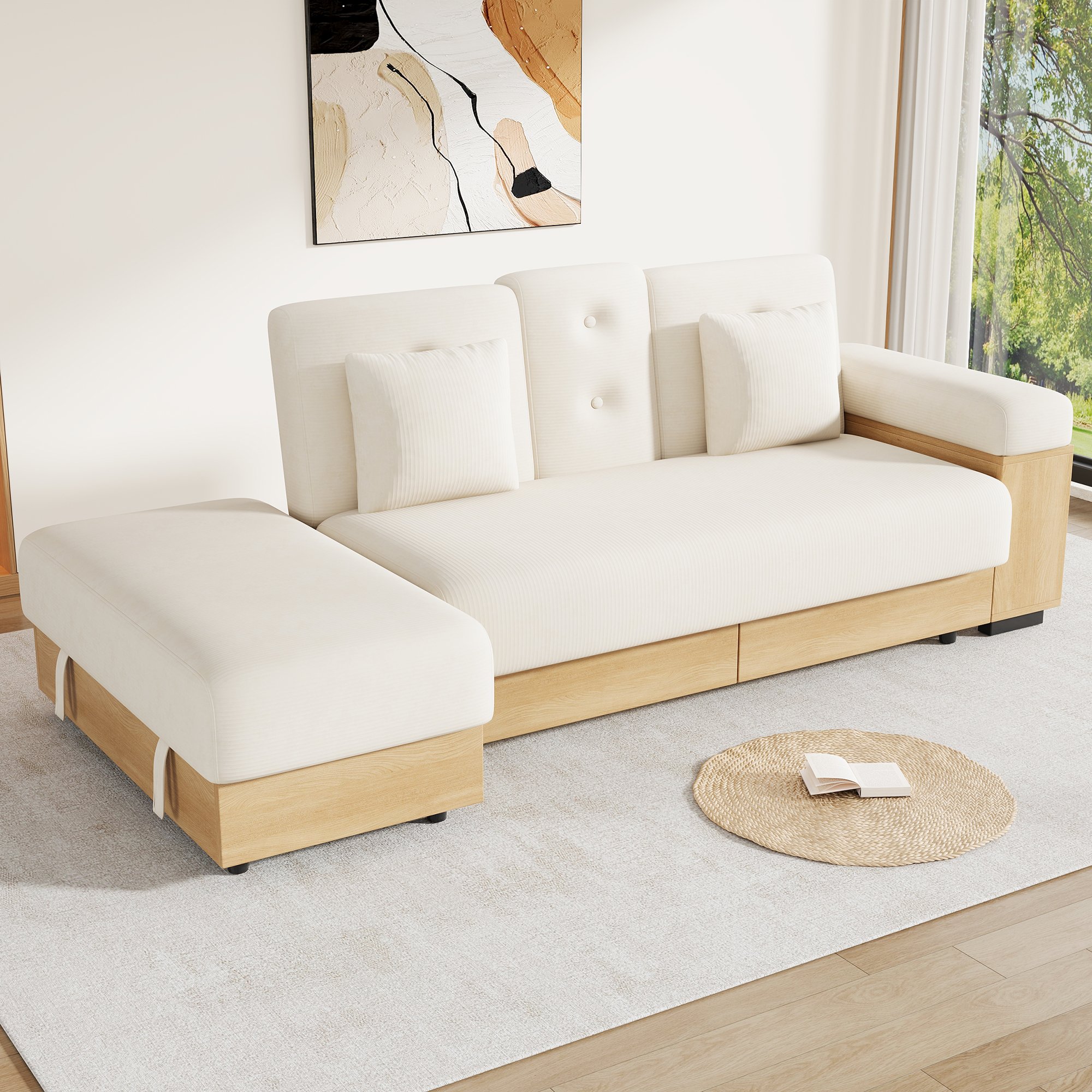 Canapé-lit avec rangement en tissu chenille beige, structure Panneau composite de fibres de bois à densité, dossier réglable 3 positions, tiroirs et pouf, 217x110x90 cm pour salon