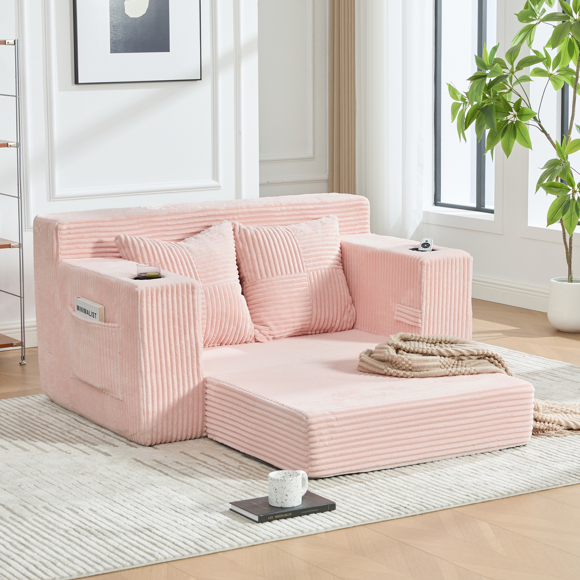 Petit Canapé Salon Stockage Latéral, Canapé Droit Moderne Couleur Rose Avec Coussins et Porte-Gobelet Intégré