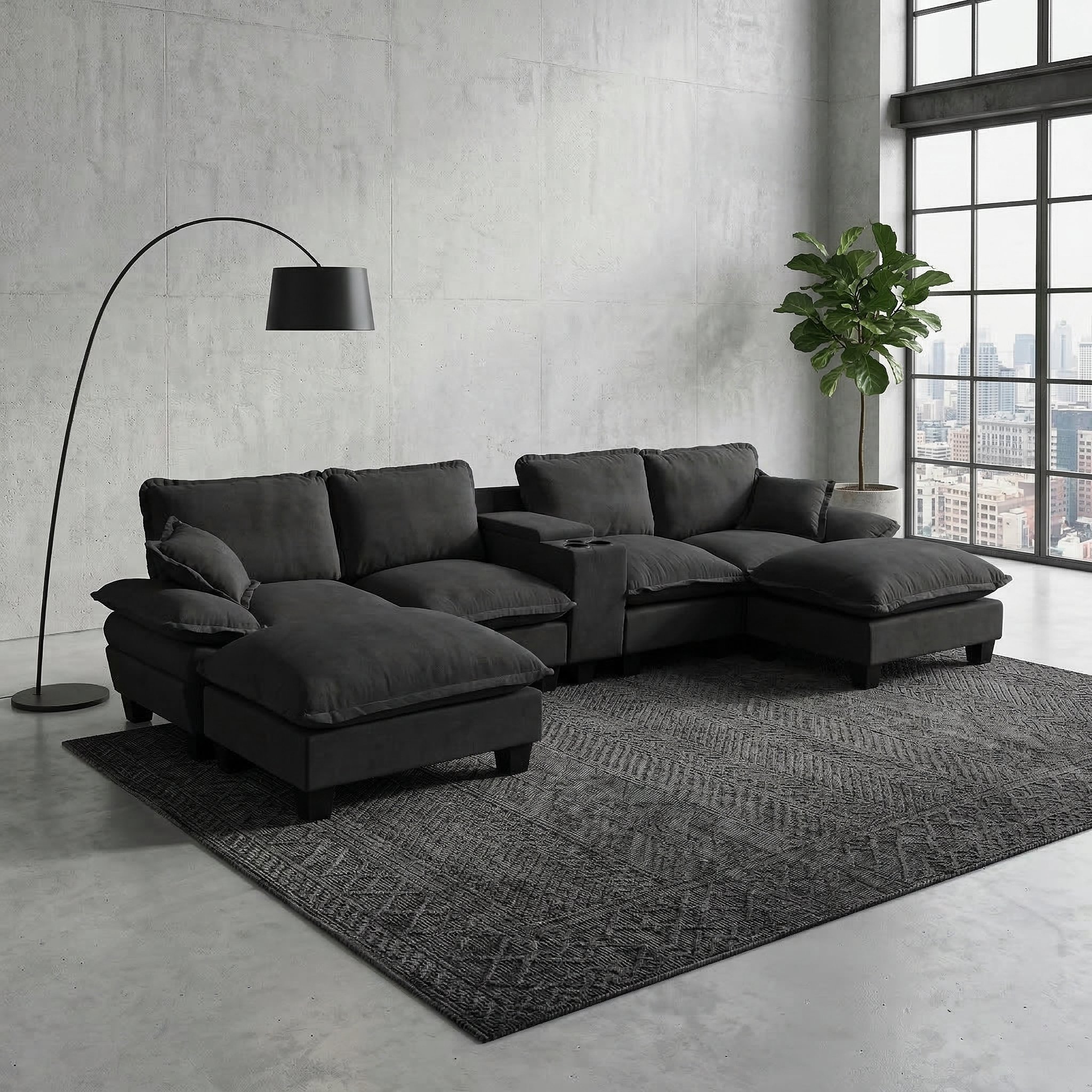 Canapé Modulable Chenille Noir Avec Structure Panoramique En U, Rangement Et USB, Dimensions 362x151x90 Cm