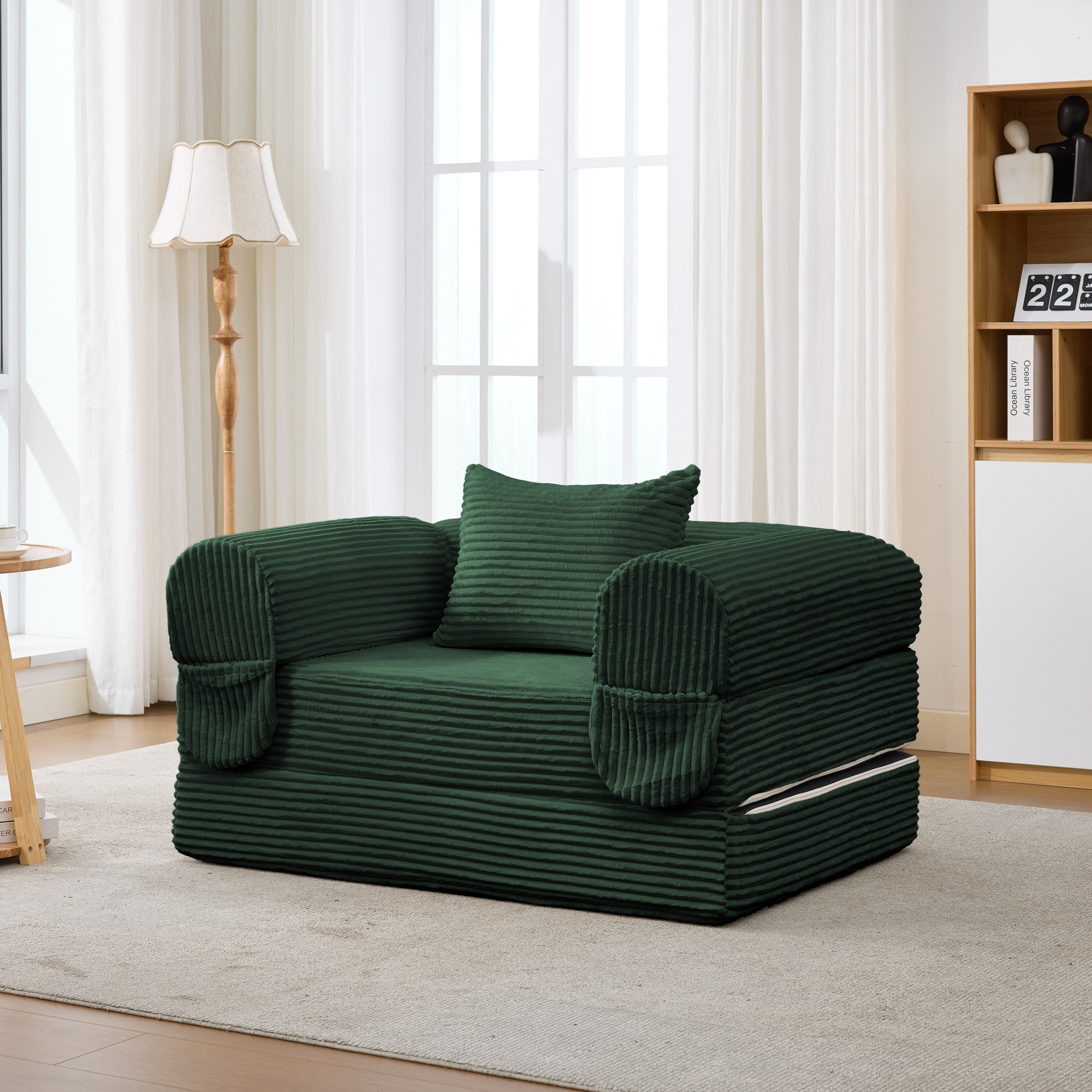 Fauteuil Convertible Lit Simple Vert - Canapé Single 120x85x65cm Tissu Côtelé sans Outil avec Coussin pour Petit Espace Salon