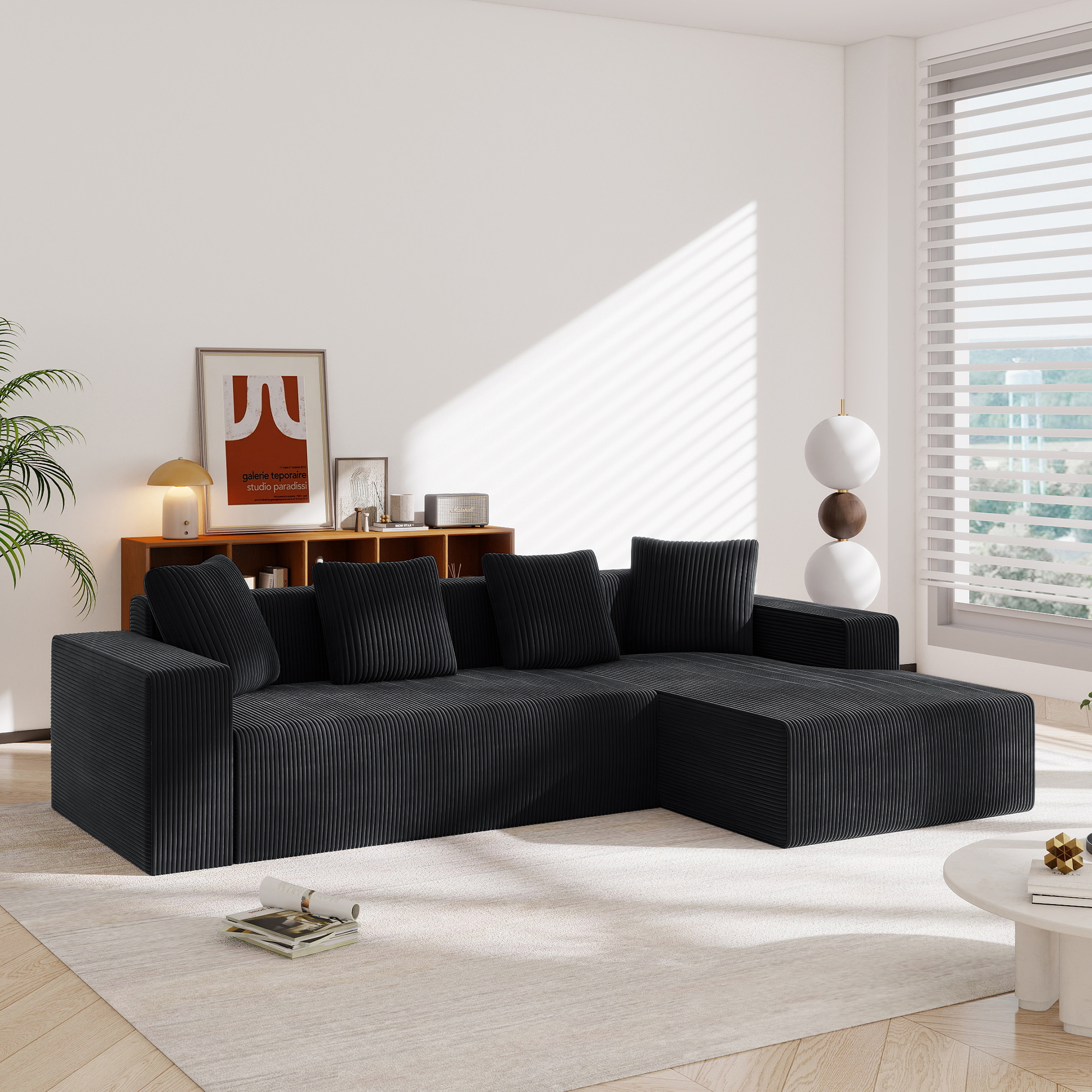 Canapé Modulable d'Angle Noir Velours Côtelé Canapé Cloud Profond Design Salon Moderne