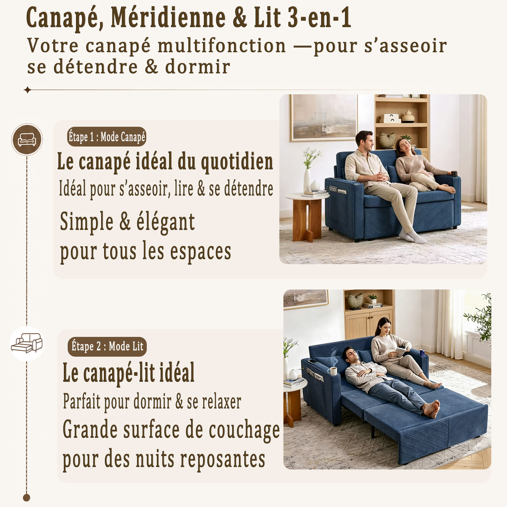 Canapé Convertible 2 Places avec Transformation Glissante et Ports USB Intégrés, Design Minimaliste pour Salon ou Bureau