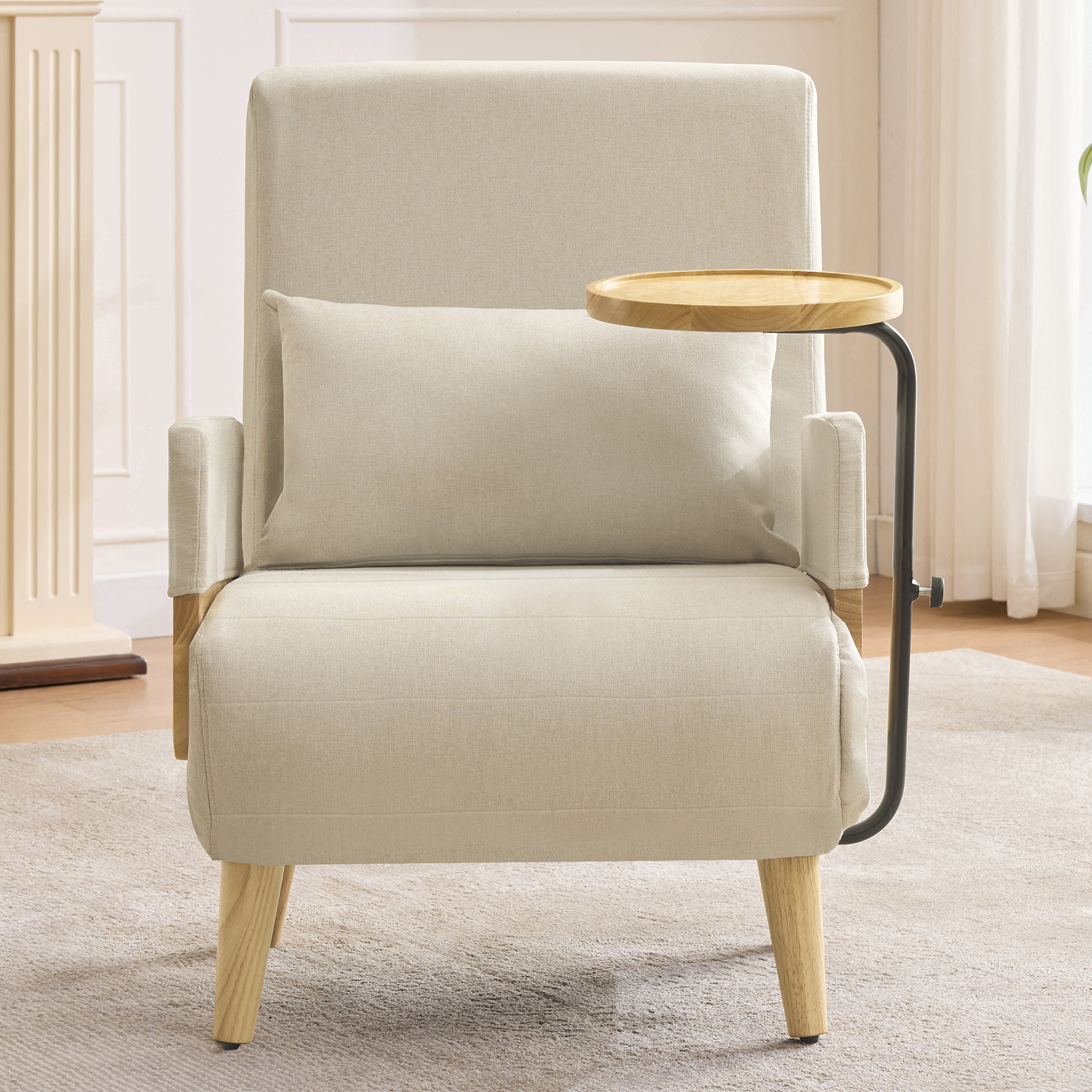 Lit d'appoint convertible en tissu effet lin beige, cadre métallique et pieds en bois massif, dossier inclinable