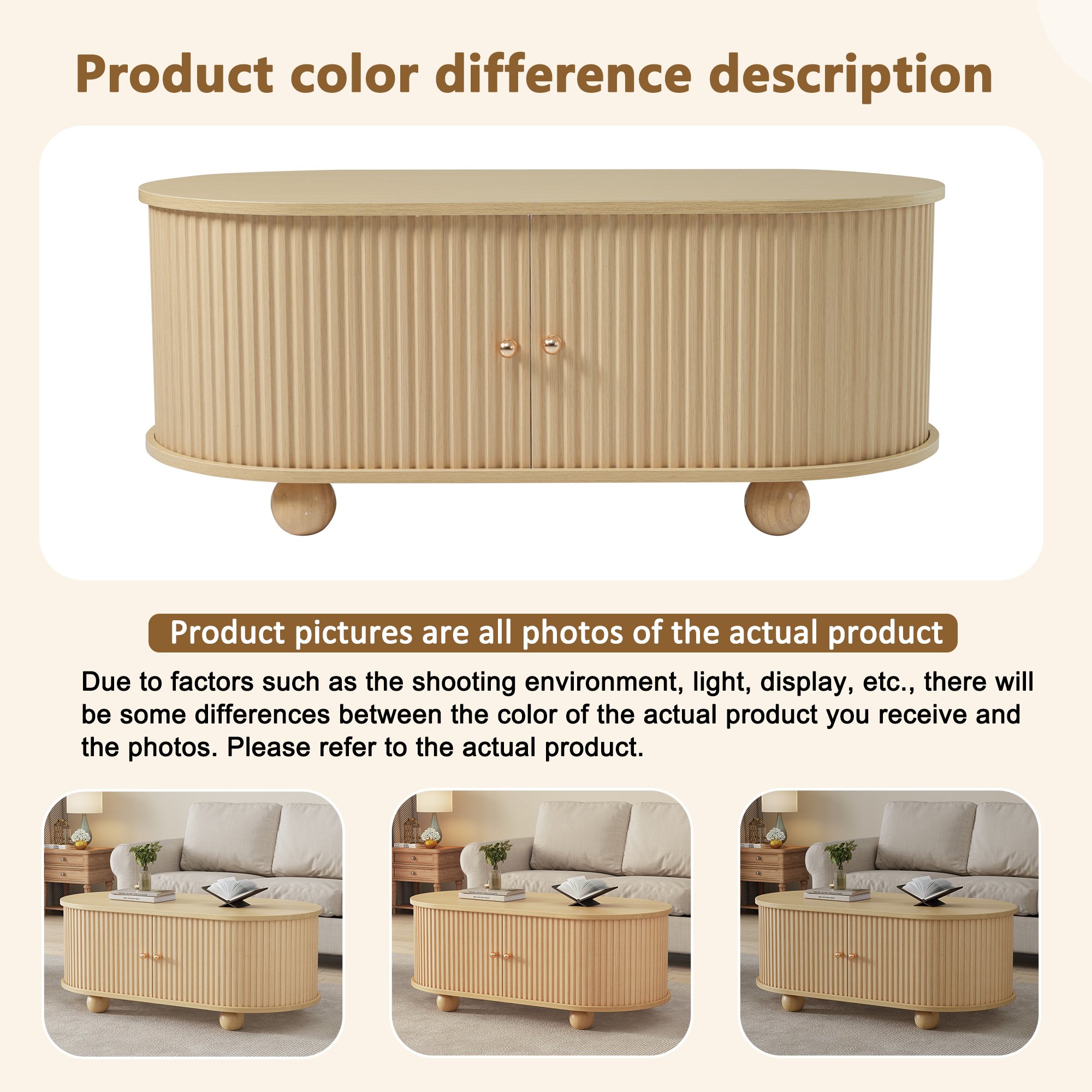 Table Basse Ovale Panneau composite de fibres de bois à densité avec Rangement Coulissant et Portes Industrielles, Supporte 30kg, Design Minimaliste pour Salon Moderne