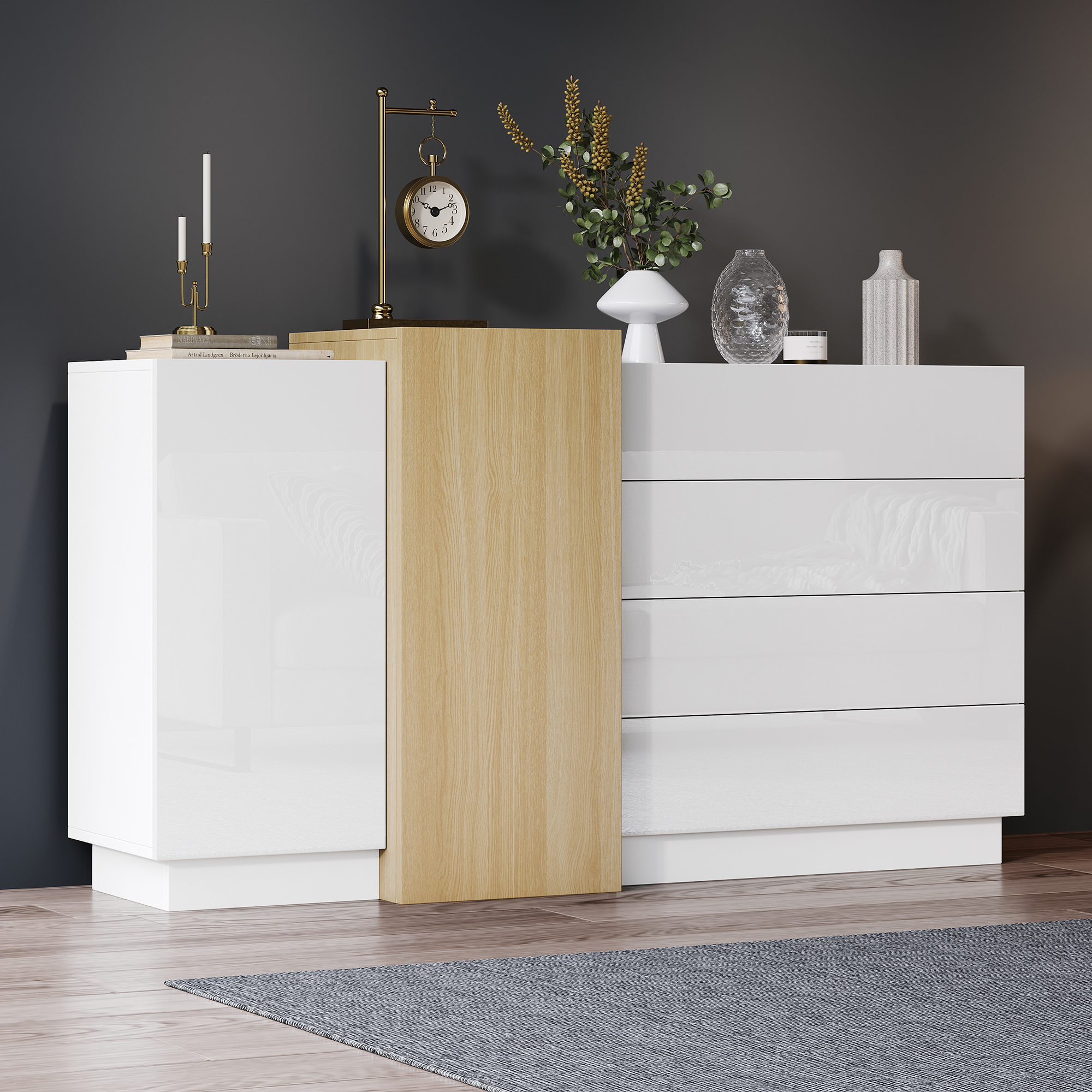 Buffet Étroit 140x35x76,5 cm, Meuble Rangement Minimaliste Avec 4 Tiroirs Et 2 Portes Pour Petit Espace