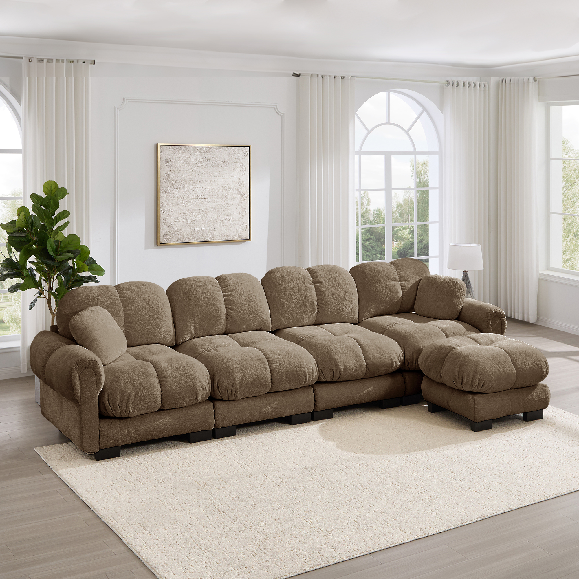 Canapé d'angle modulable 4 places en tissu Chenille marron avec ottomane mobile et dossier ergonomique