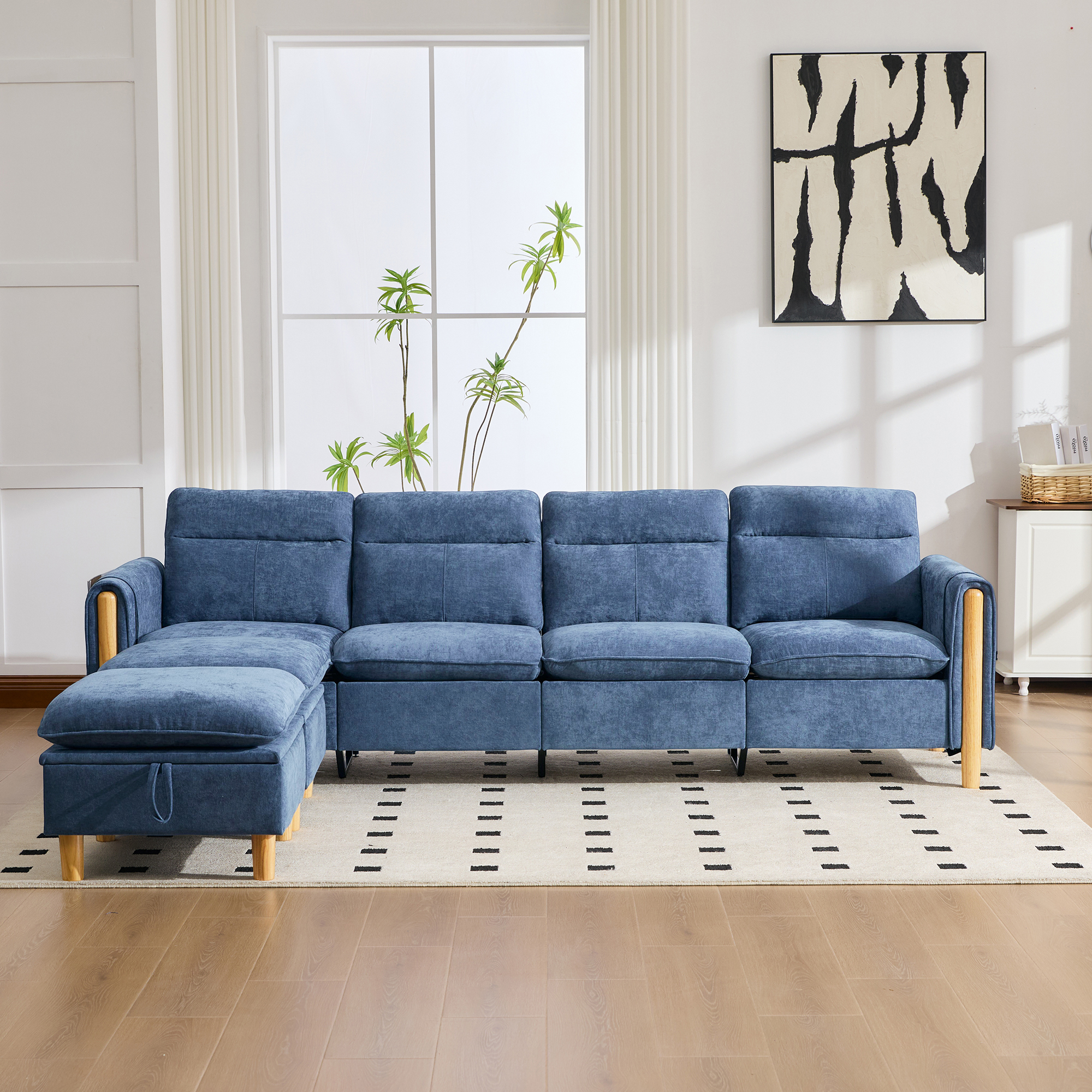 Canapé en U 4 places en chenille bleu avec 2 poufs et rangements intégrés pour le salon familial