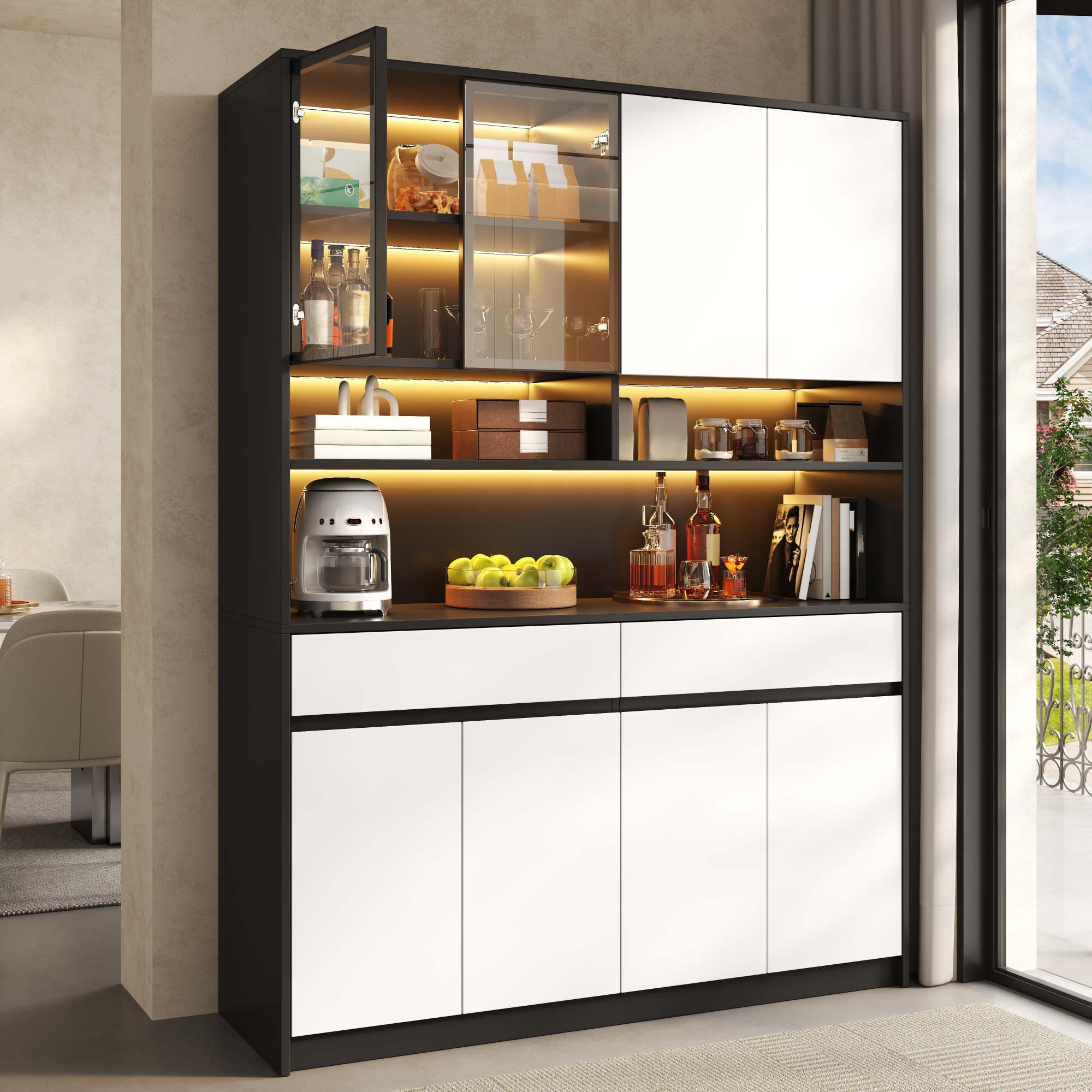 Buffet Design Panneau composite de fibres de bois à densité Stabil avec 4 Portes Supérieures et 4 Inférieures, Étagères Ouvertes LED, 160x120cm