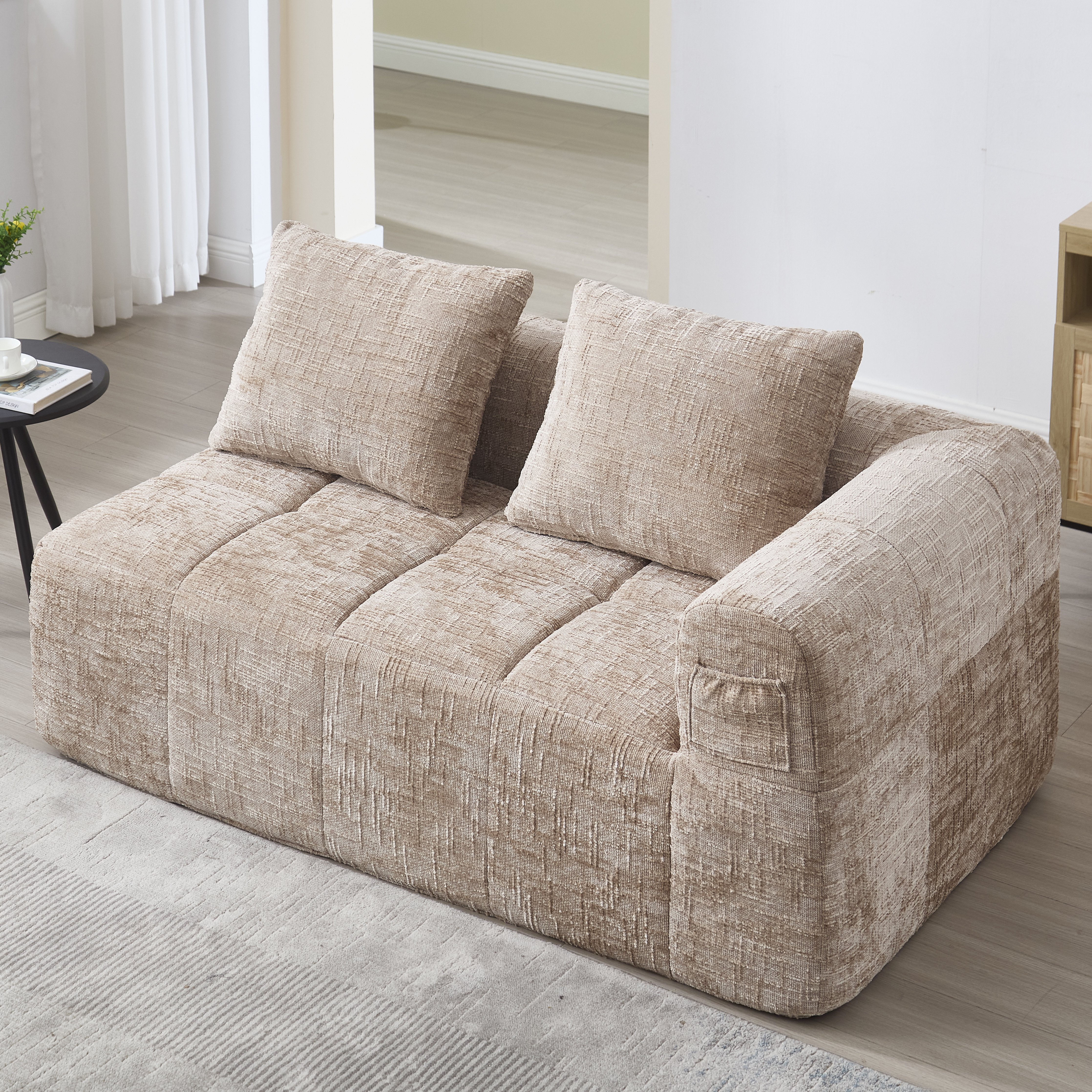 Canapé 2 places avec coussin inclus, poches latérales et assise à ressort rapide, couleur kaki, sans montage