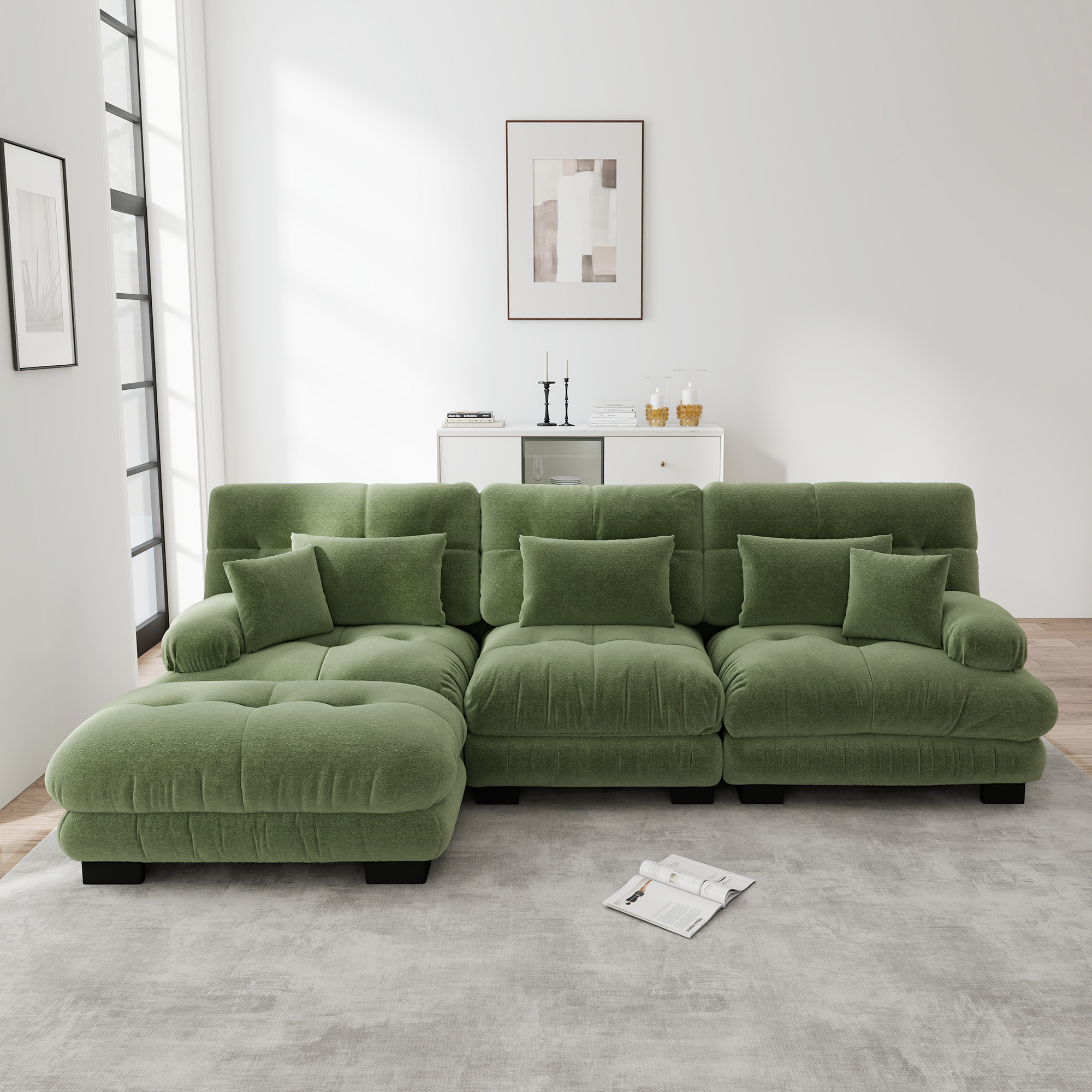 Canapé d'angle modulable en Chenille Vert, Grand Format 313x145cm, Style Cloud Profond avec Ottoman pour Salon Moderne