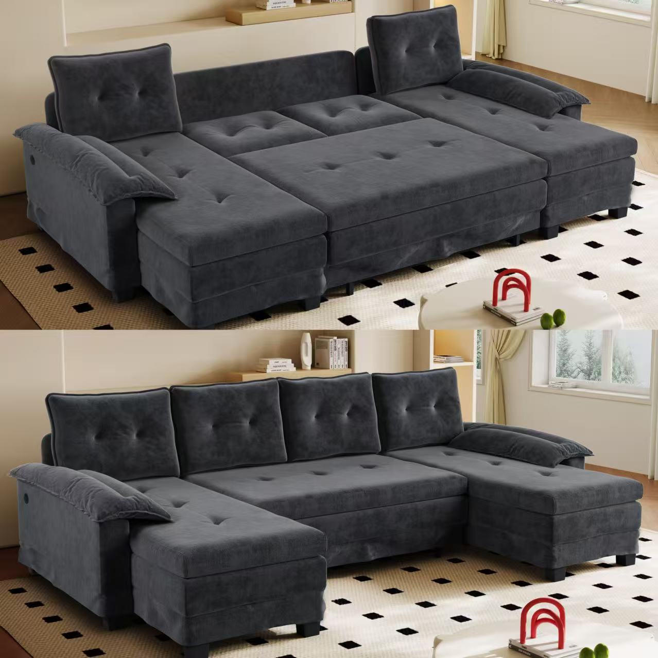 Fauteuil Salon Familial U Forme Chenille Gris Foncé Avec Lit Extra Large Et Chargeur USB Intégré