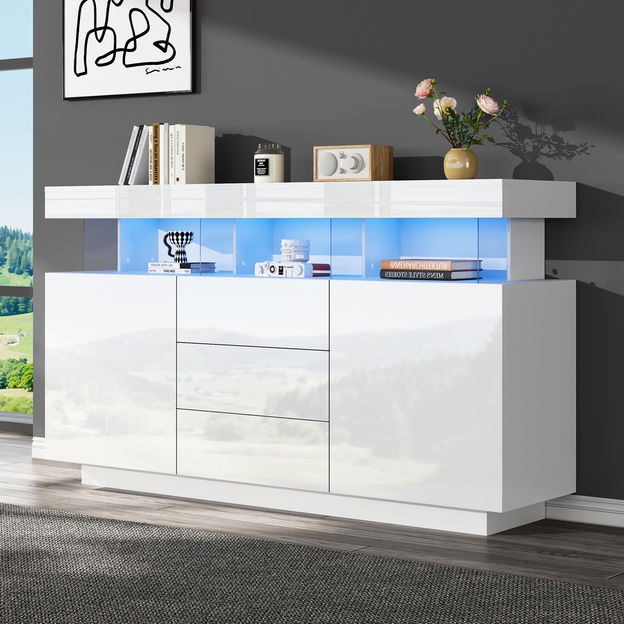 Buffet Blanc Laqué avec LED et Tiroirs, Meuble de Rangement Moderne 140x35x80 cm pour Cuisine Design ou Entrée Lumineuse