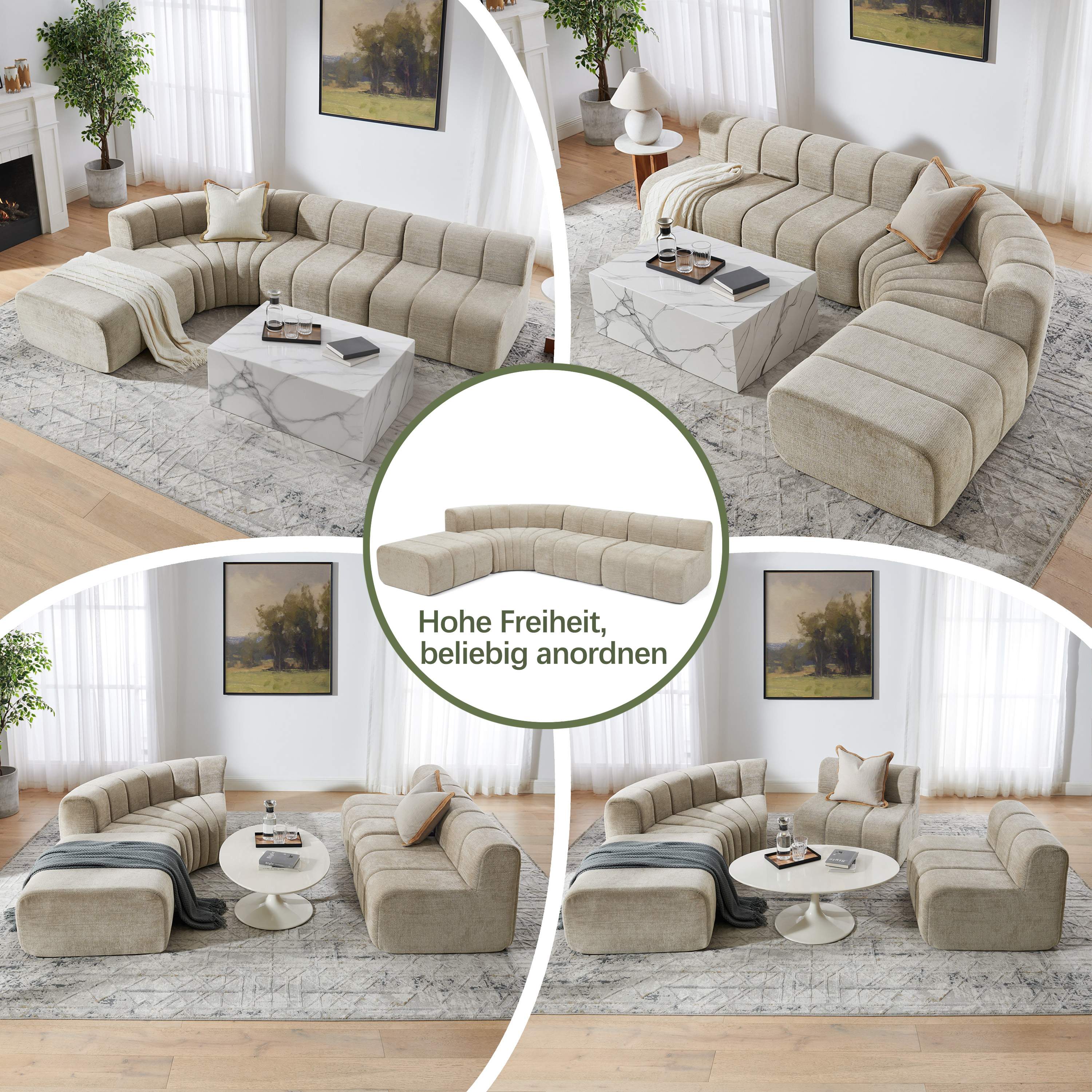 Canapé d'angle modulable 4 places marron en chenille, structure sans dossier convertible en poufs et table basse, livraison en 3 colis