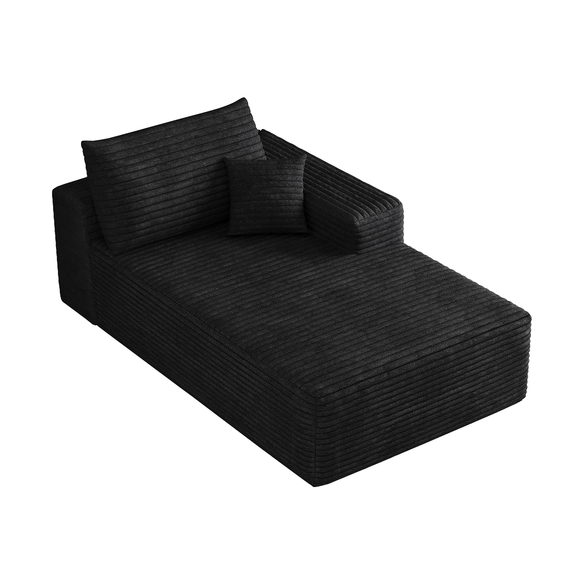 Canapé droit noir avec méridienne intégrée, tissu velours côtelé doux et assise haute densité, prêt à l'emploi sans outils