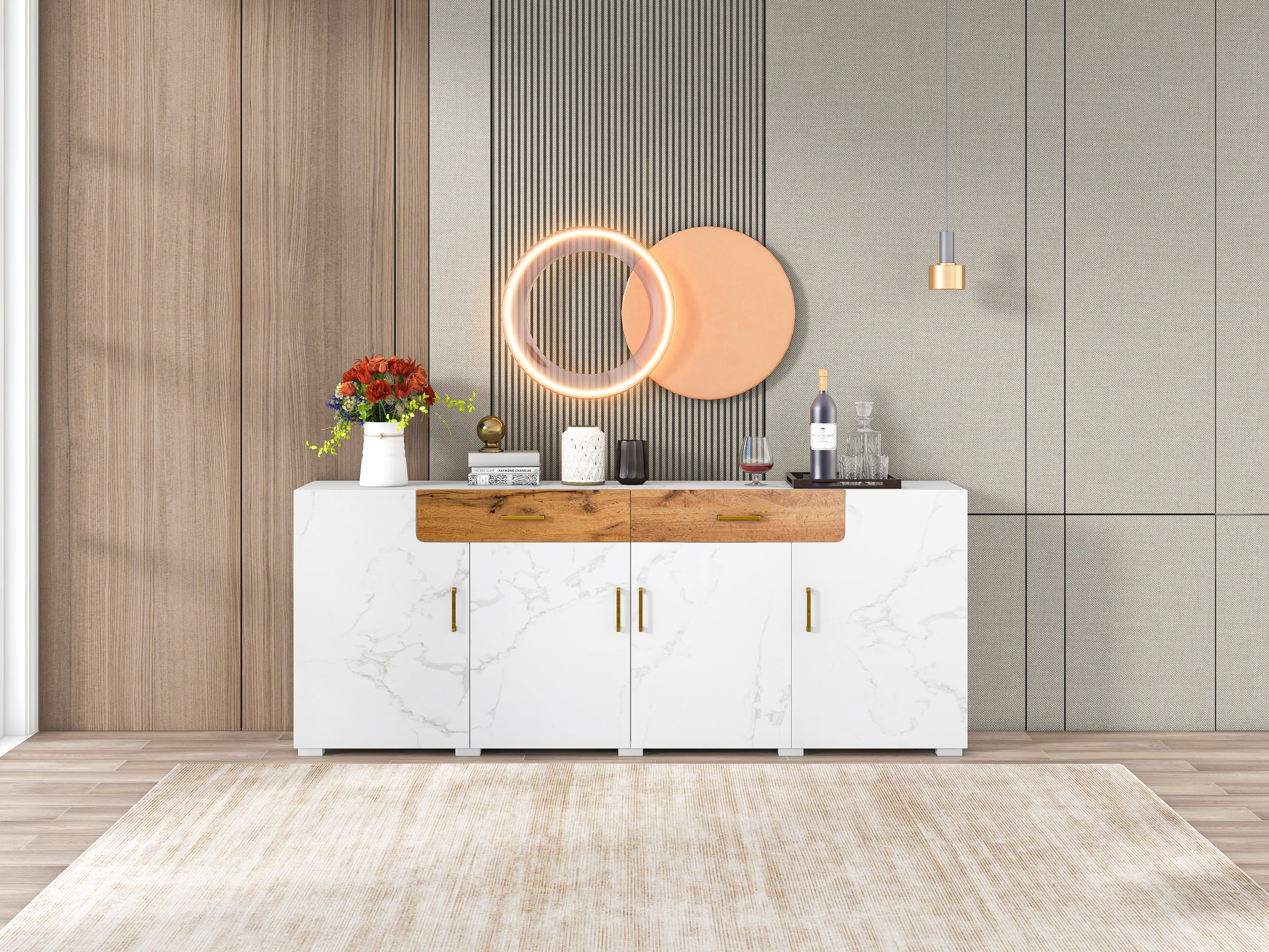 Buffet de cuisine blanc 208x39,5x80 cm, meuble rangement avec 4 portes et 2 tiroirs, structure panneaux de particules