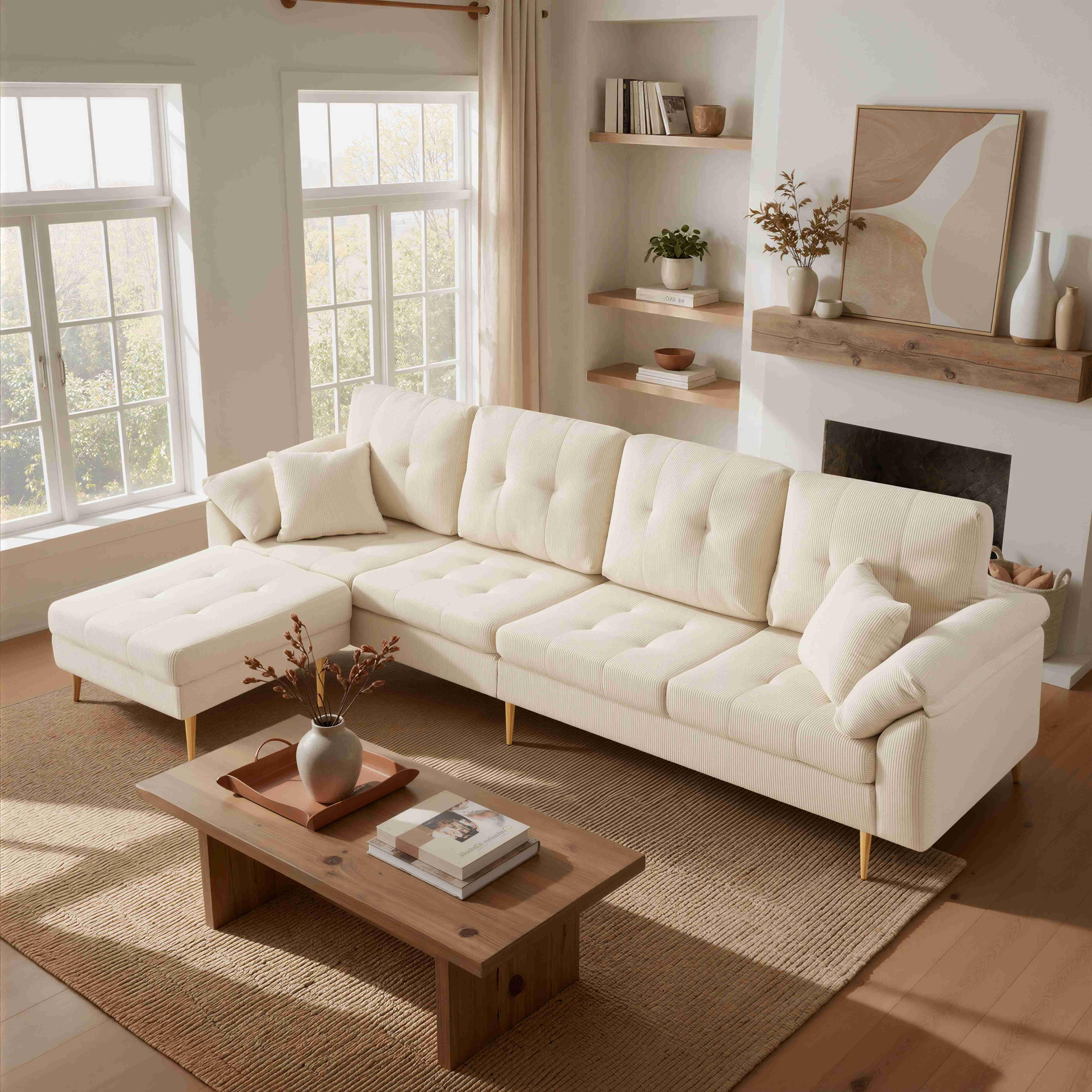 Canapé 4 places en velours côtelé beige clair, structure modulable en L avec pouf amovible, pieds métal 20 cm, dimensions 250x70x87 cm pour salon moderne