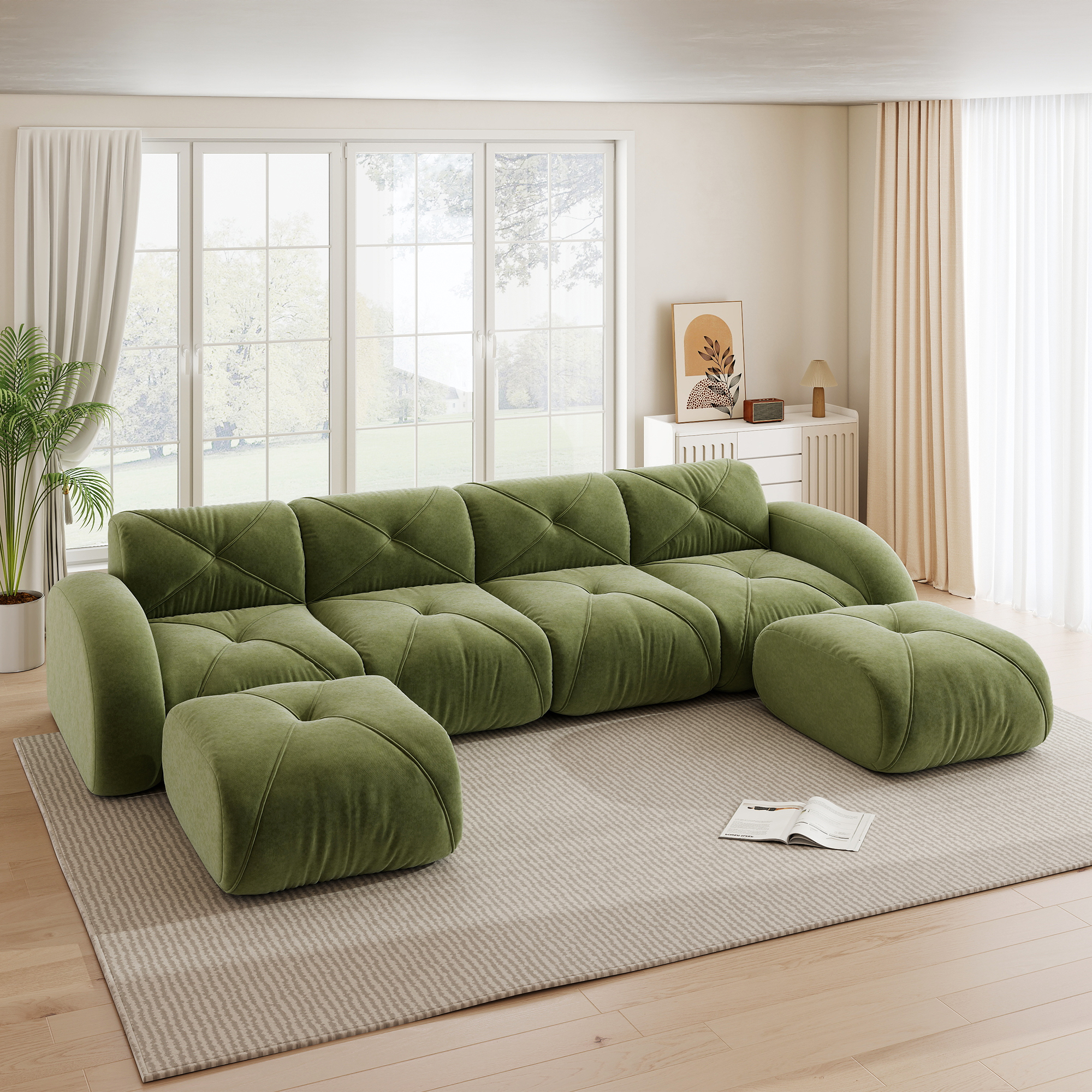 Canapé modulable 4 places revêtement Chenille doux, structure sans cadre robuste supportant 200kg, couleur vert salon