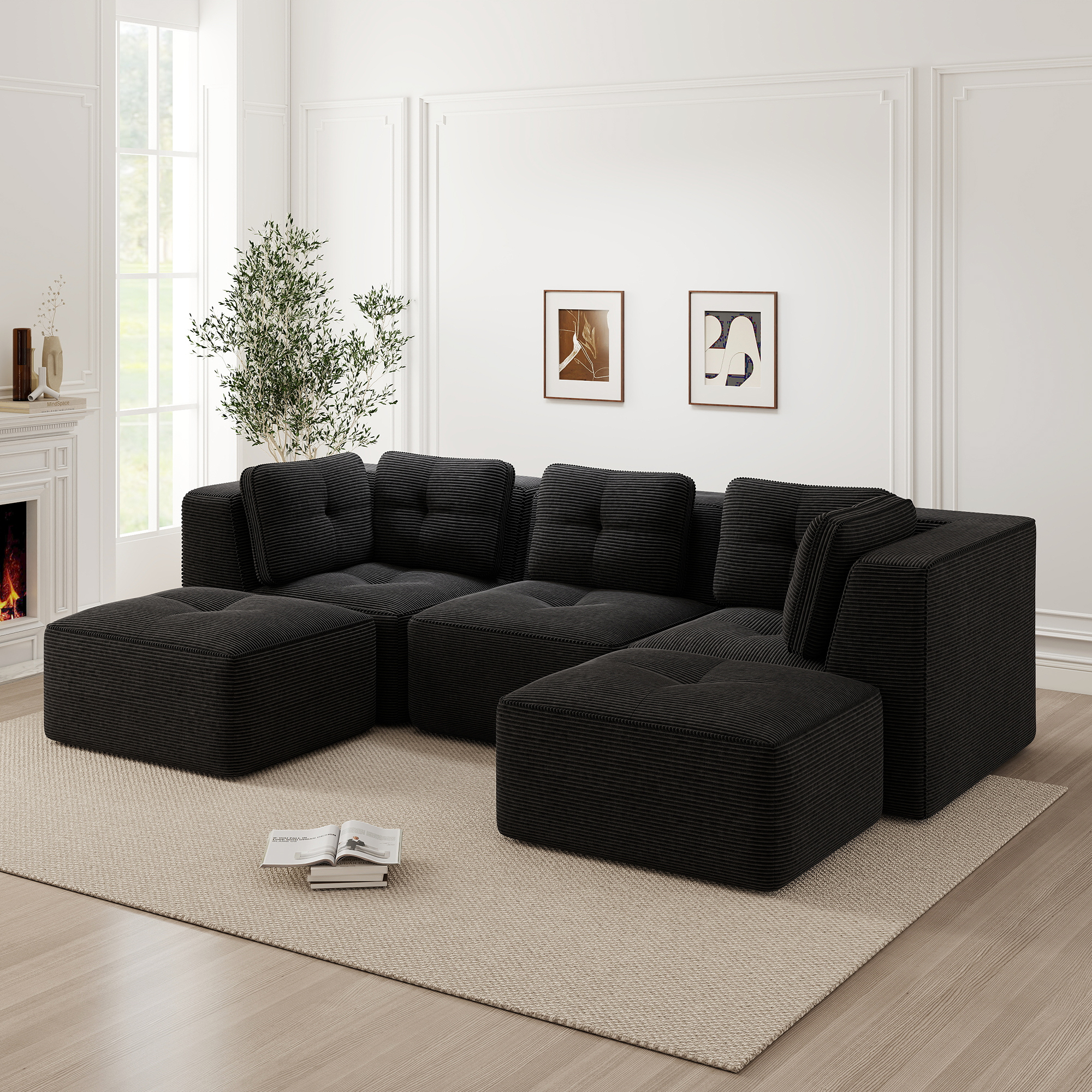 Canapé Modulable Noir Velours Côtelé Résistant Structure Moderne Profondeur 74cm Large Accoudoirs