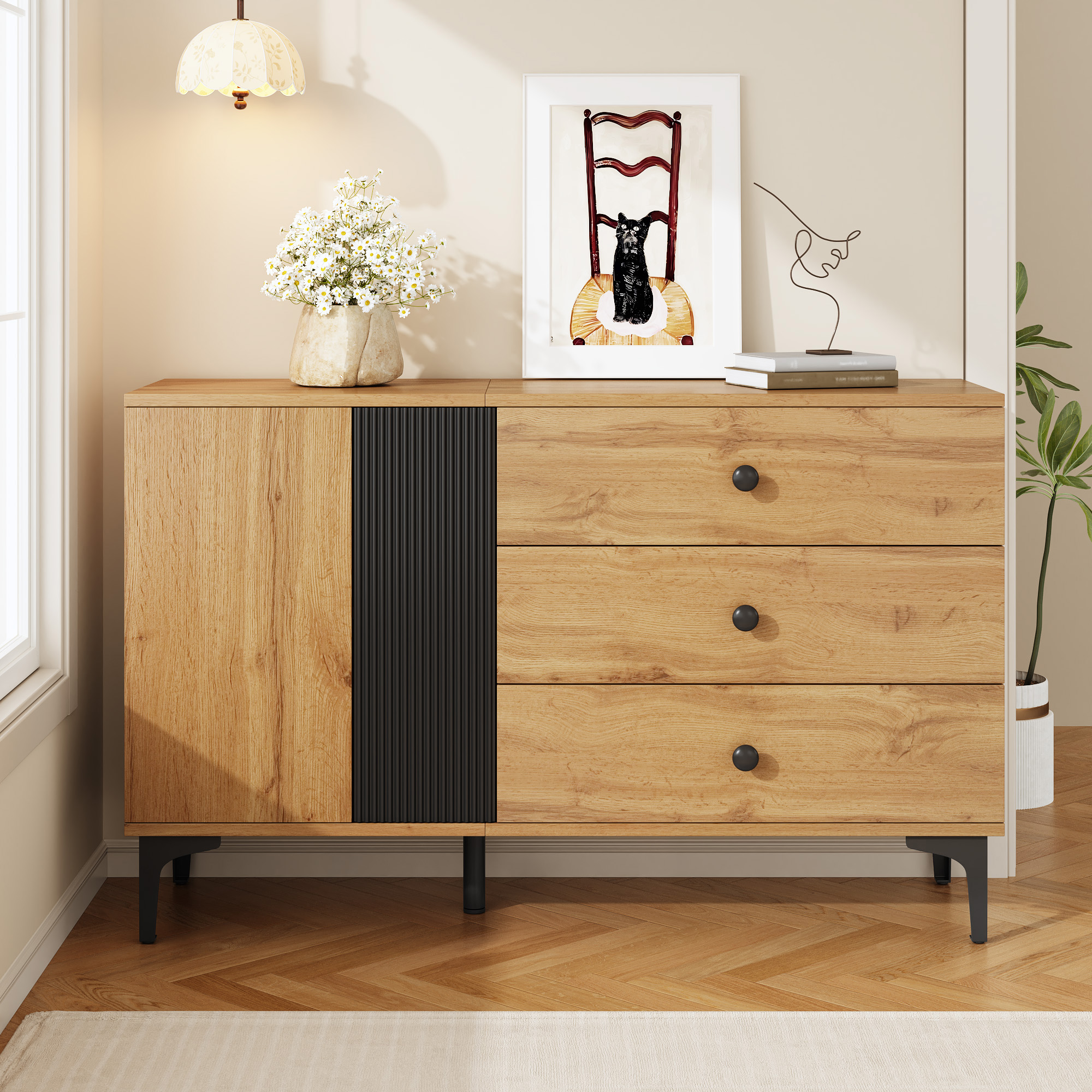 Buffet Noir et Naturel, Panneaux de Particules et Pieds Métalliques, Design Contemporain avec Portes et Tiroirs